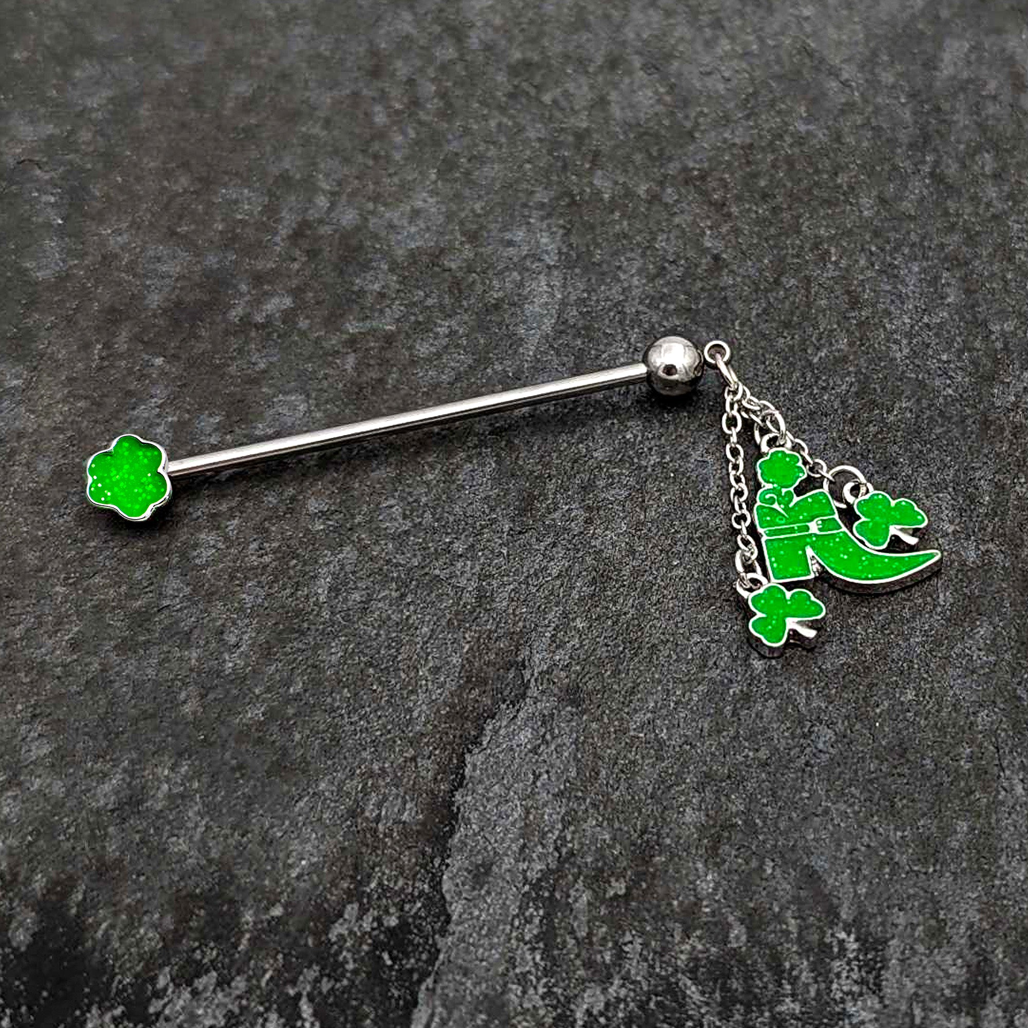 14 Gauge Glow in Dark Leprechaun Boot Dangle Industrial Barbell 38mm