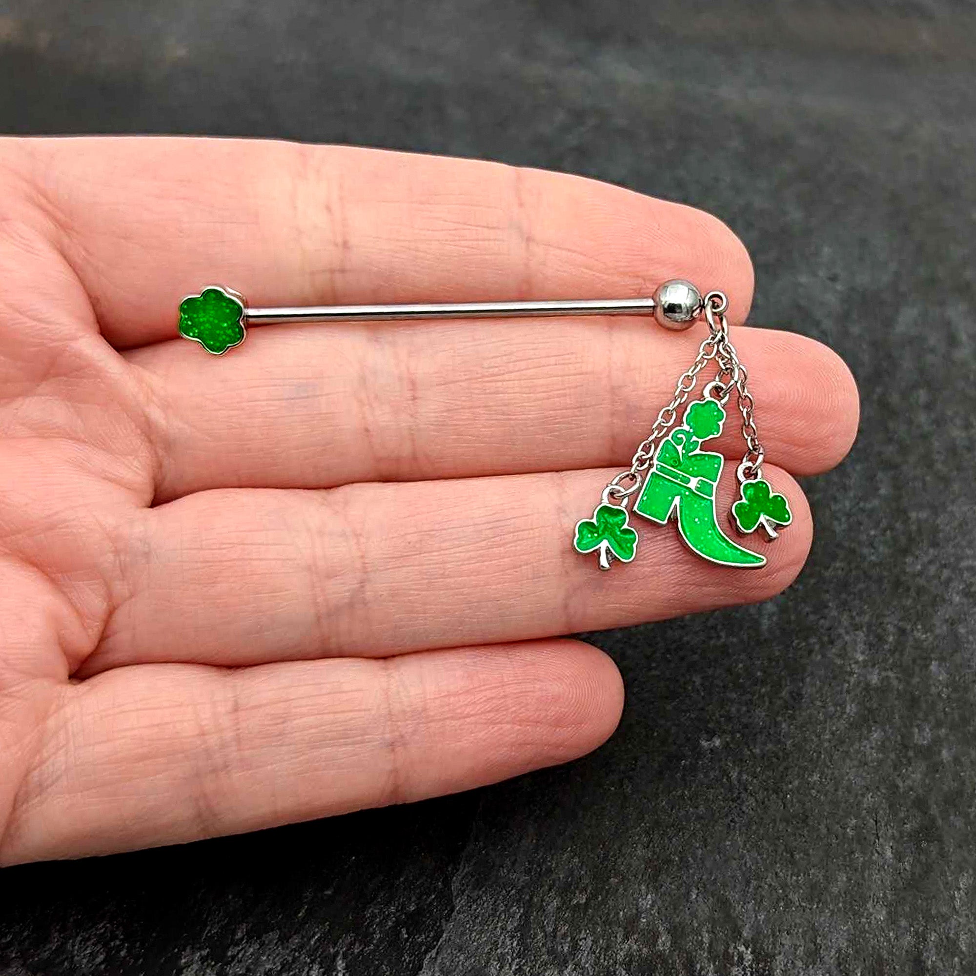 14 Gauge Glow in Dark Leprechaun Boot Dangle Industrial Barbell 38mm