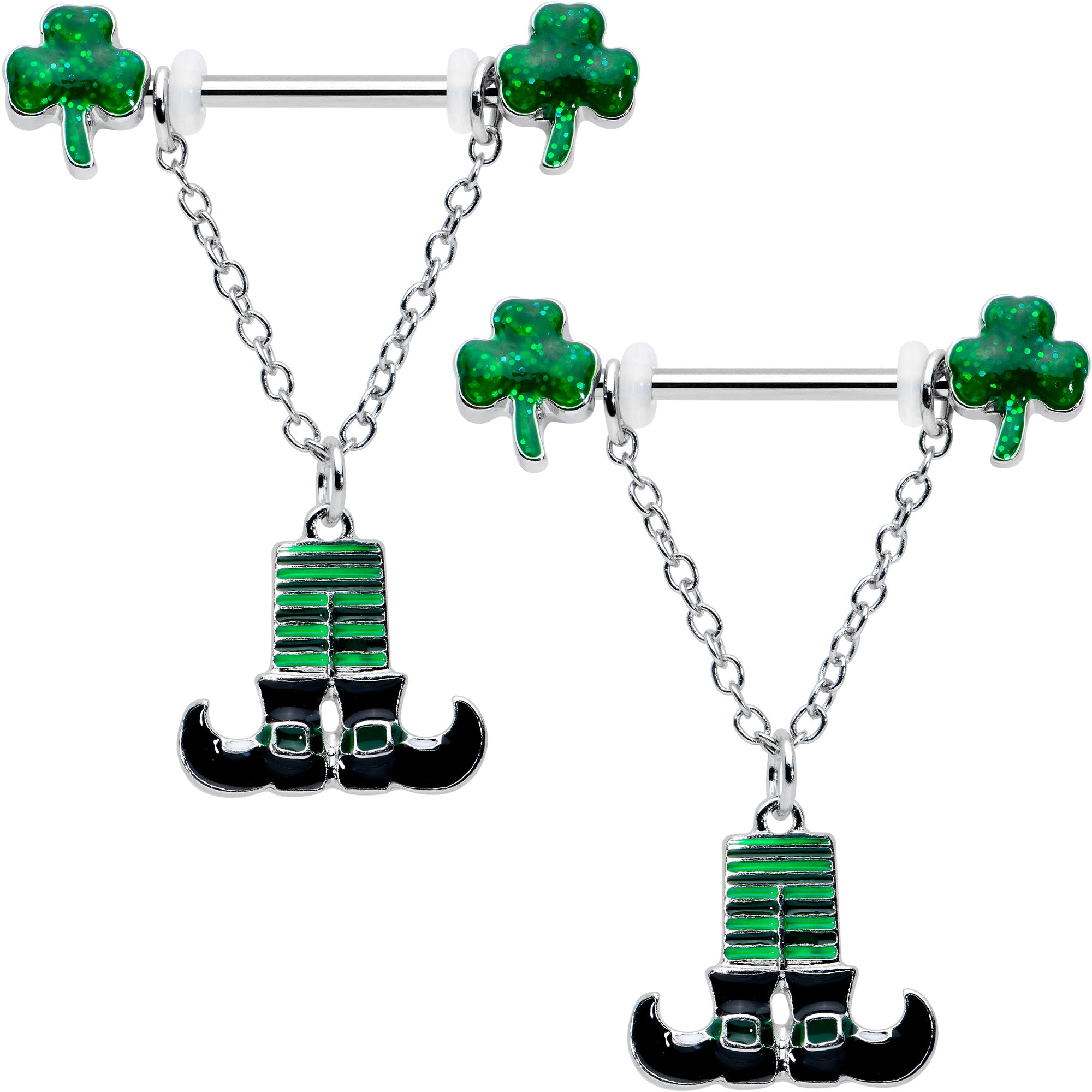 14 Gauge 11/16 Leprechaun Legs Shamrock Chain Dangle Nipple Ring Set