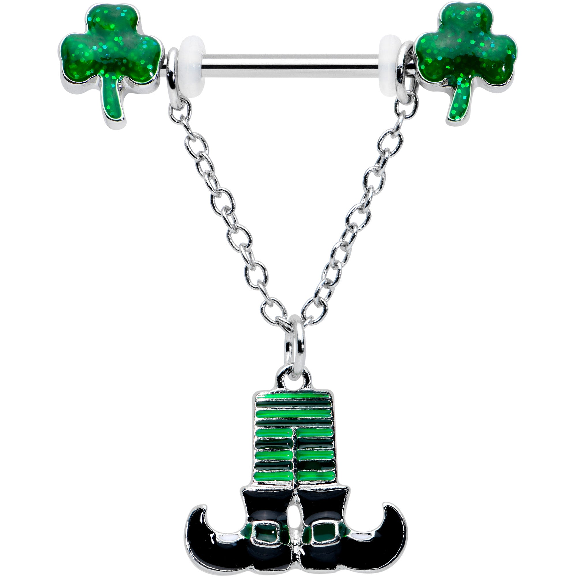 14 Gauge 11/16 Leprechaun Legs Shamrock Chain Dangle Nipple Ring Set