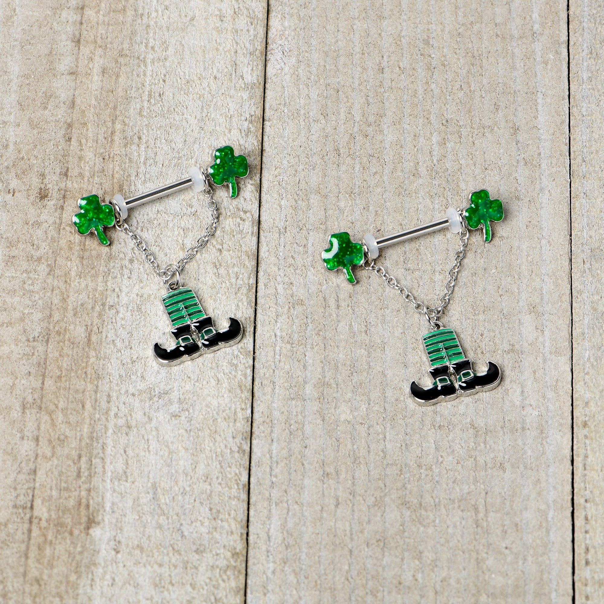 14 Gauge 11/16 Leprechaun Legs Shamrock Chain Dangle Nipple Ring Set