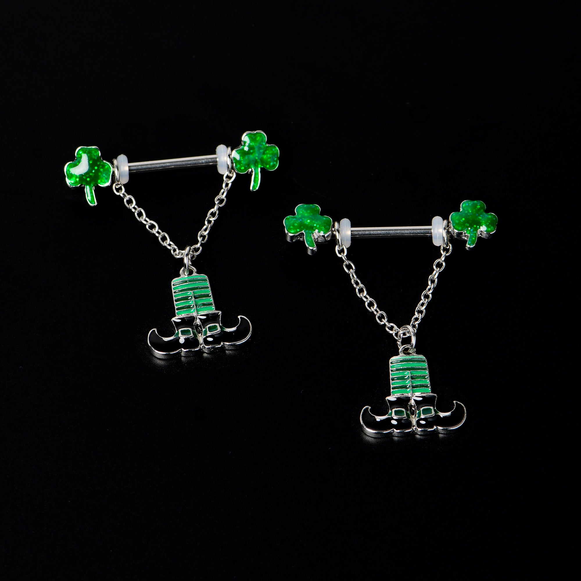 14 Gauge 11/16 Leprechaun Legs Shamrock Chain Dangle Nipple Ring Set