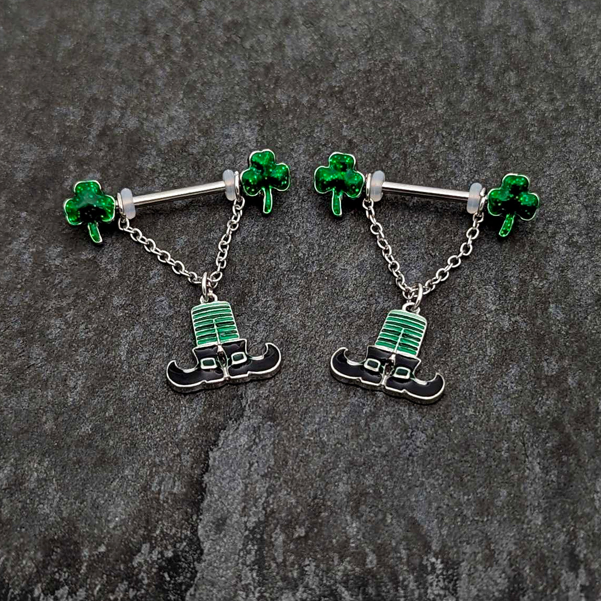 14 Gauge 11/16 Leprechaun Legs Shamrock Chain Dangle Nipple Ring Set