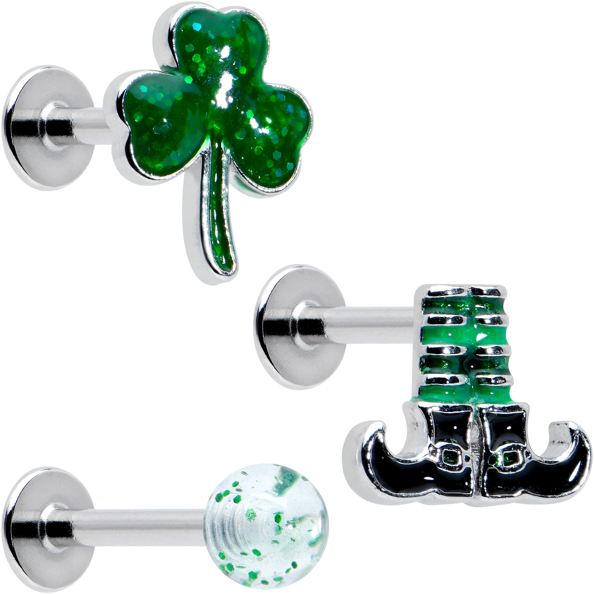 16 Gauge 1/4 Leprechaun Legs Shamrock UV Glow Labret Set of 3