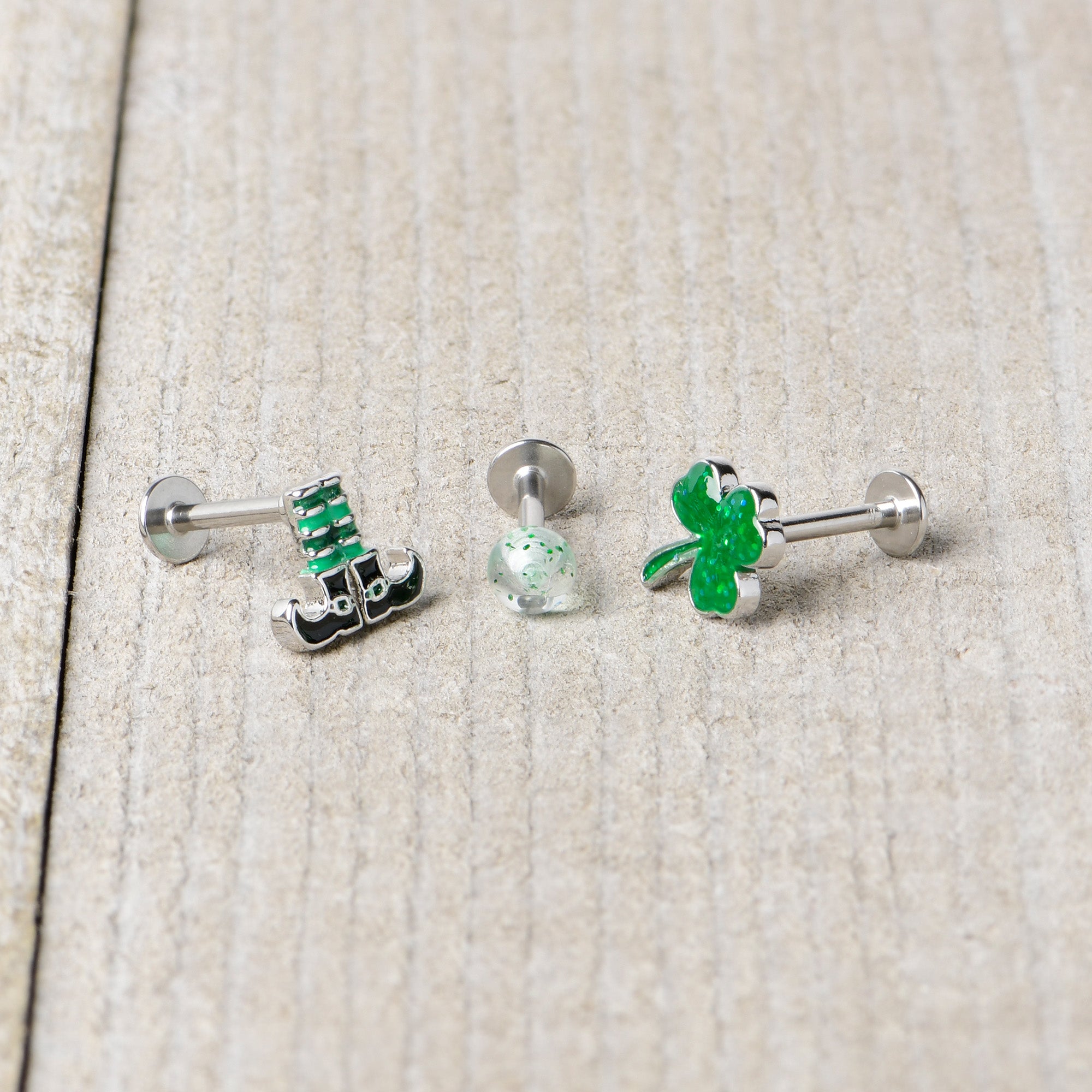 16 Gauge 1/4 Leprechaun Legs Shamrock UV Glow Labret Set of 3