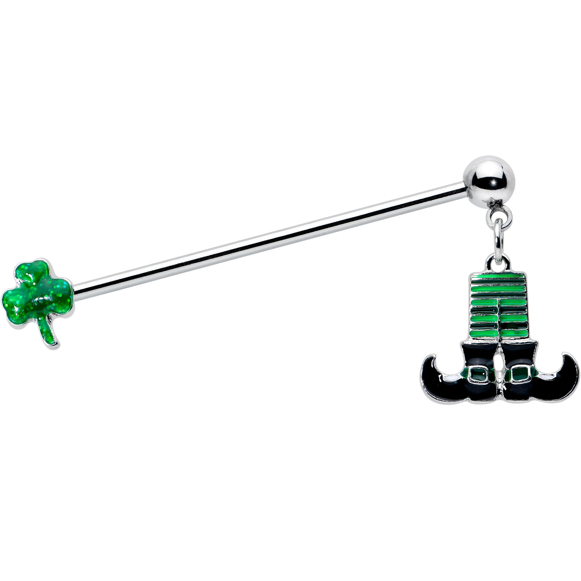 14 Gauge Leprechaun Legs Shamrock Dangle Industrial Barbell 38mm