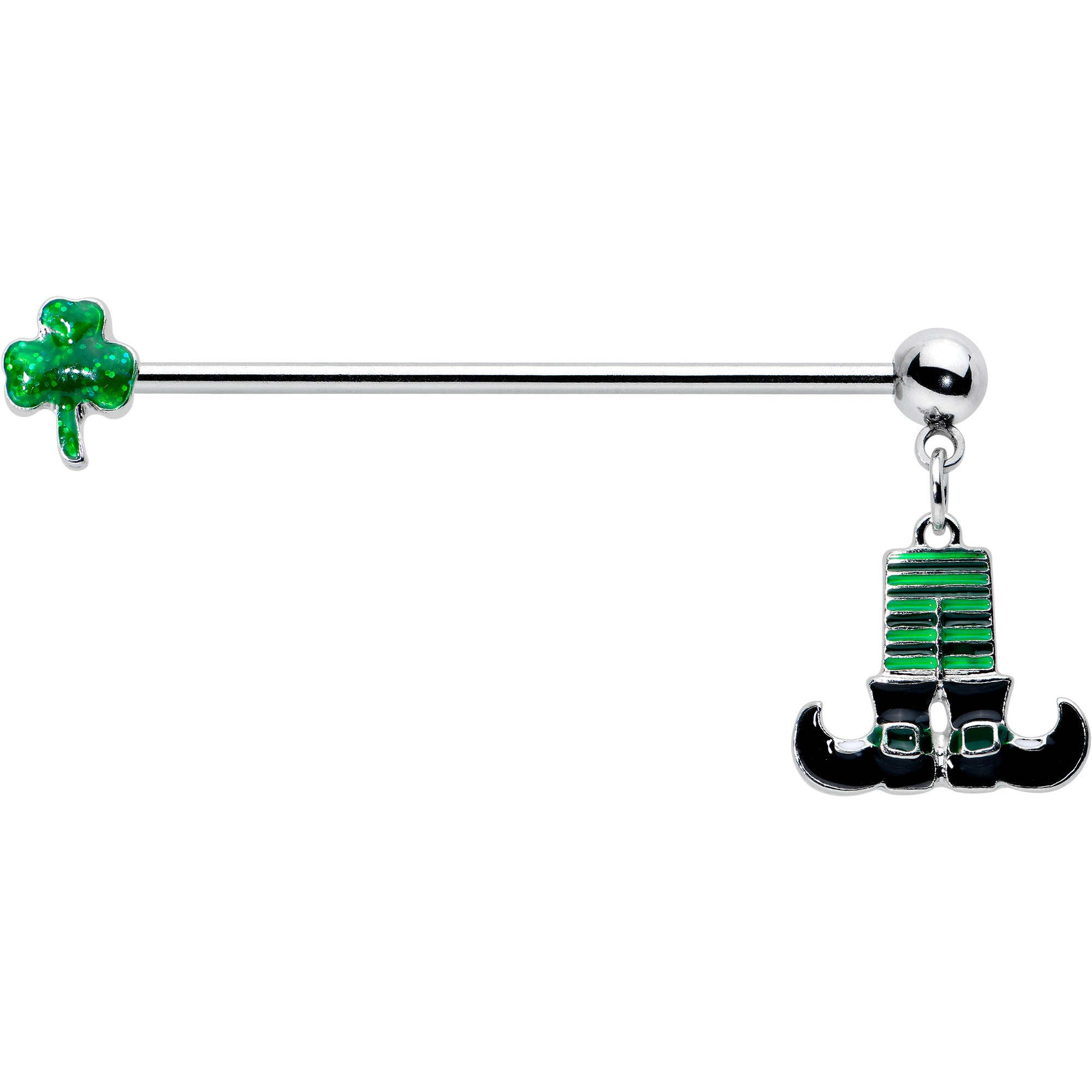 14 Gauge Leprechaun Legs Shamrock Dangle Industrial Barbell 38mm