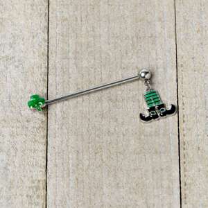 14 Gauge Leprechaun Legs Shamrock Dangle Industrial Barbell 38mm