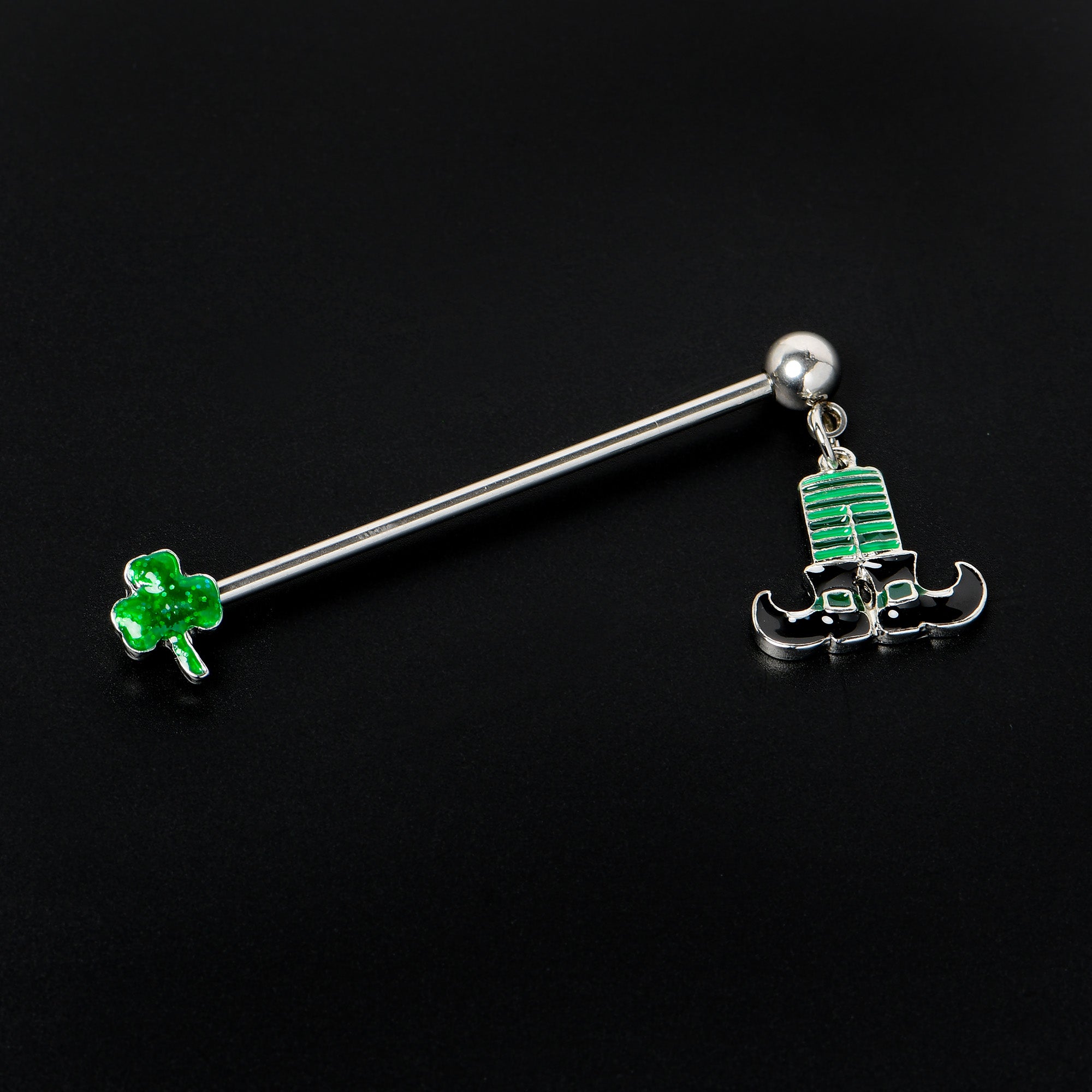 14 Gauge Leprechaun Legs Shamrock Dangle Industrial Barbell 38mm