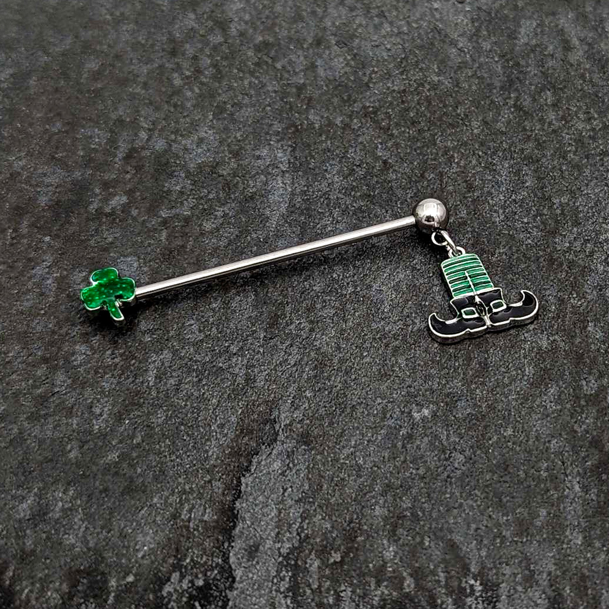 14 Gauge Leprechaun Legs Shamrock Dangle Industrial Barbell 38mm