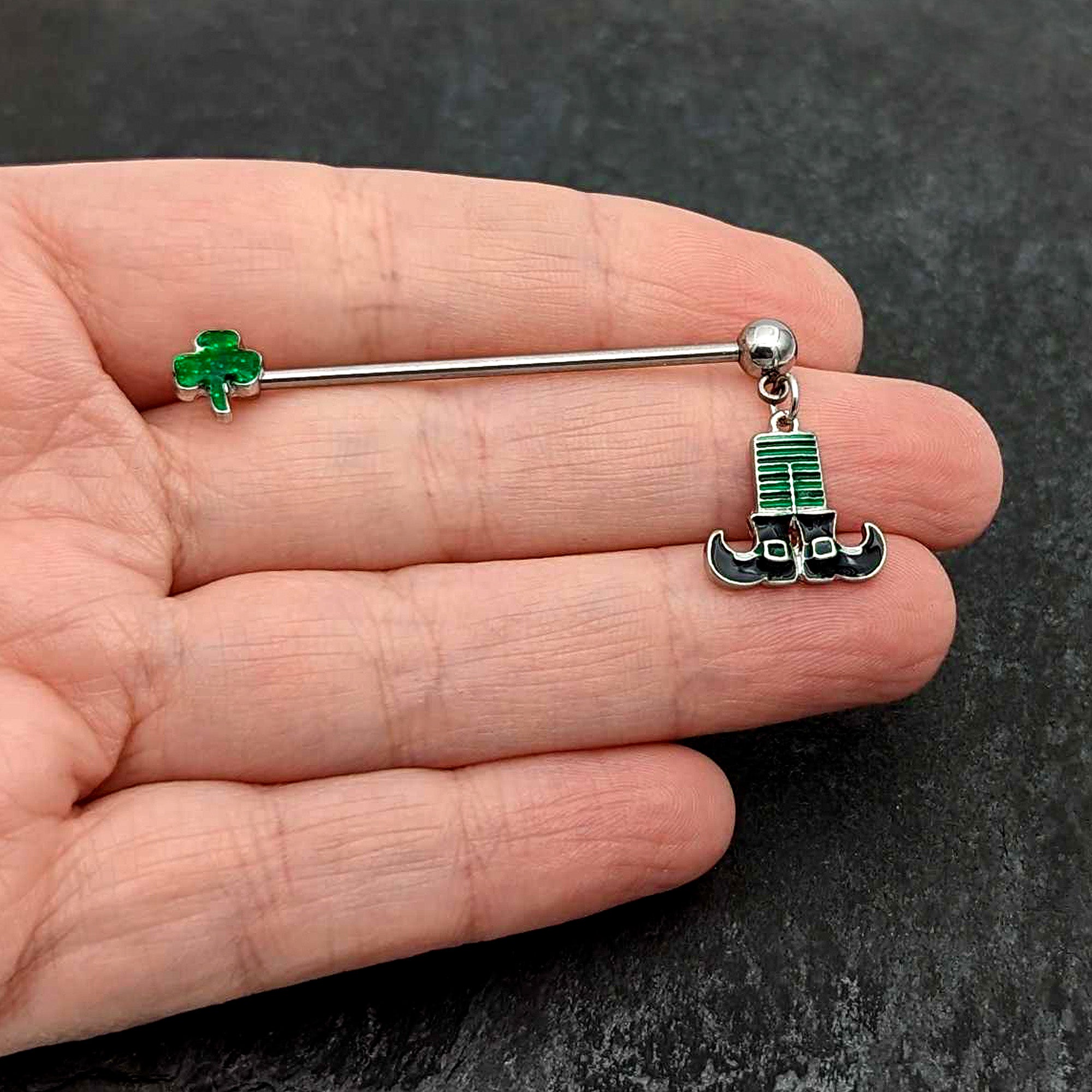 14 Gauge Leprechaun Legs Shamrock Dangle Industrial Barbell 38mm