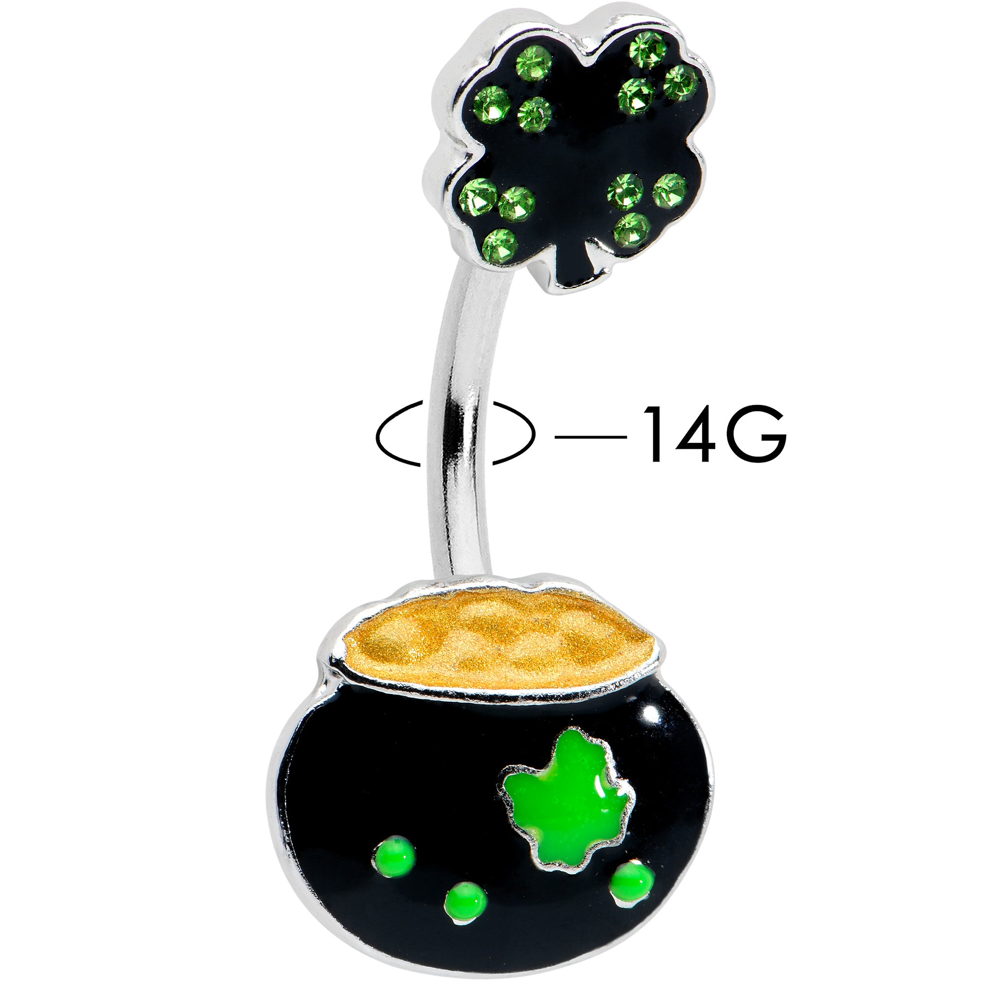 Green Gem Shamrock Pot Of Gold Black Double Mount Belly Ring