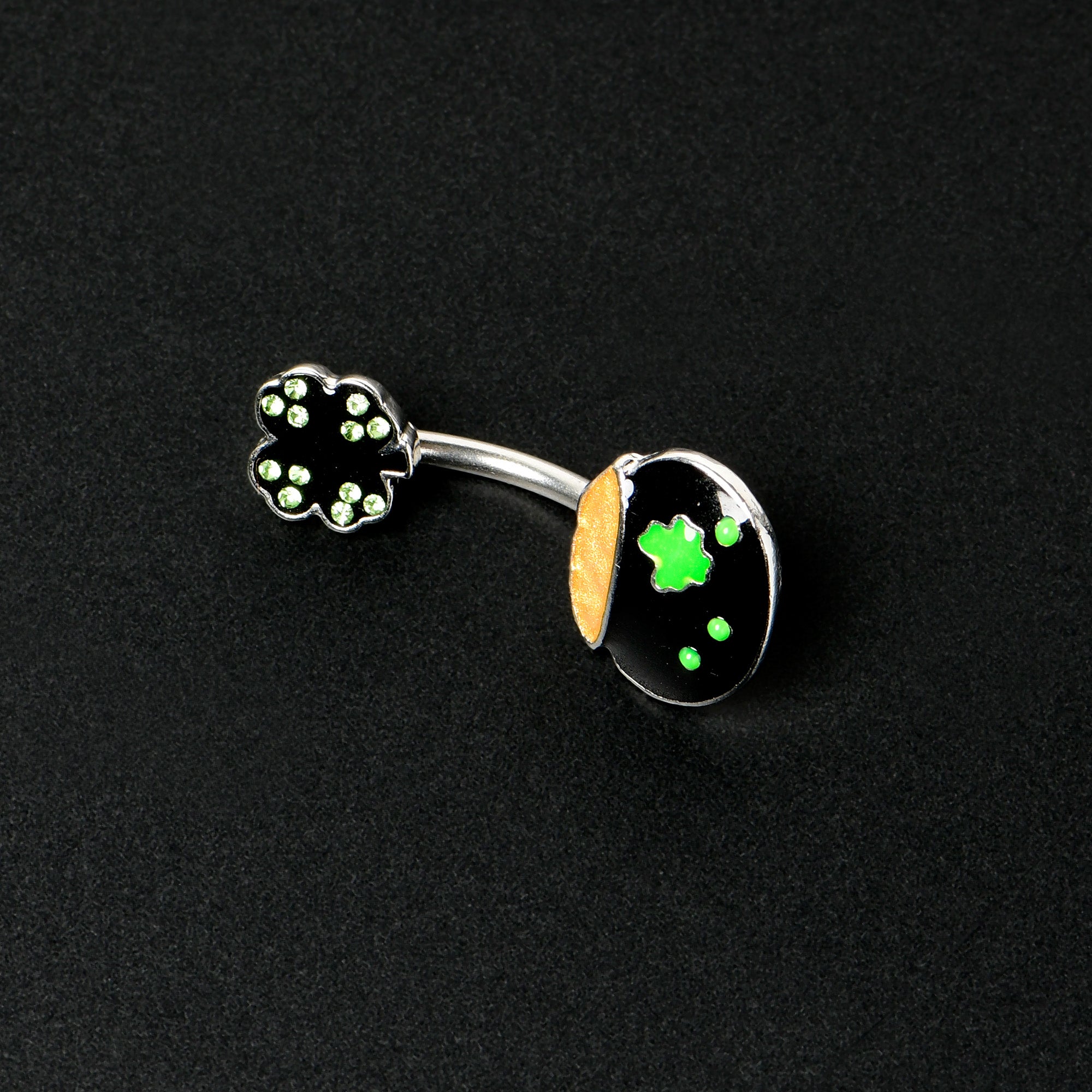 Green Gem Shamrock Pot Of Gold Black Double Mount Belly Ring