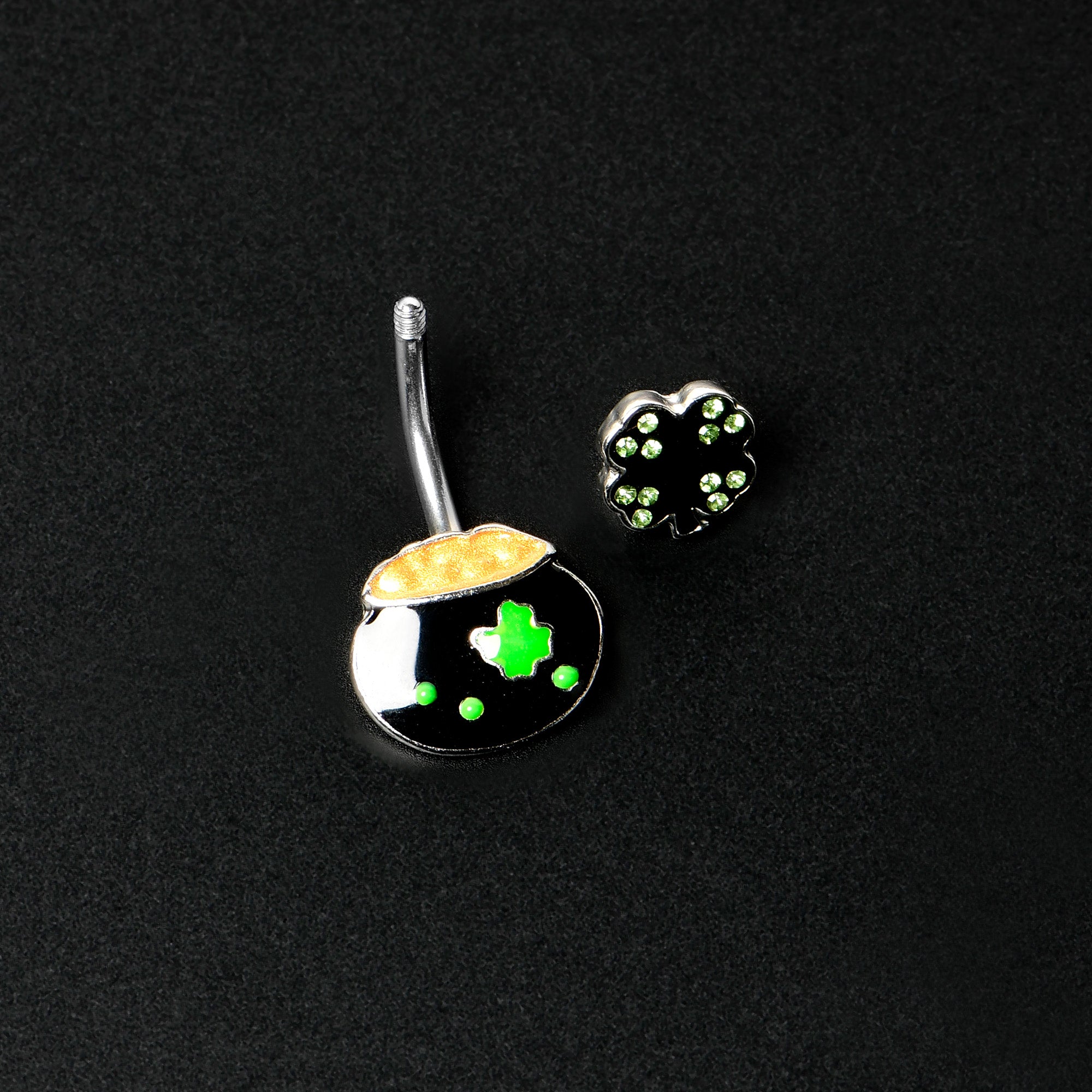 Green Gem Shamrock Pot Of Gold Black Double Mount Belly Ring