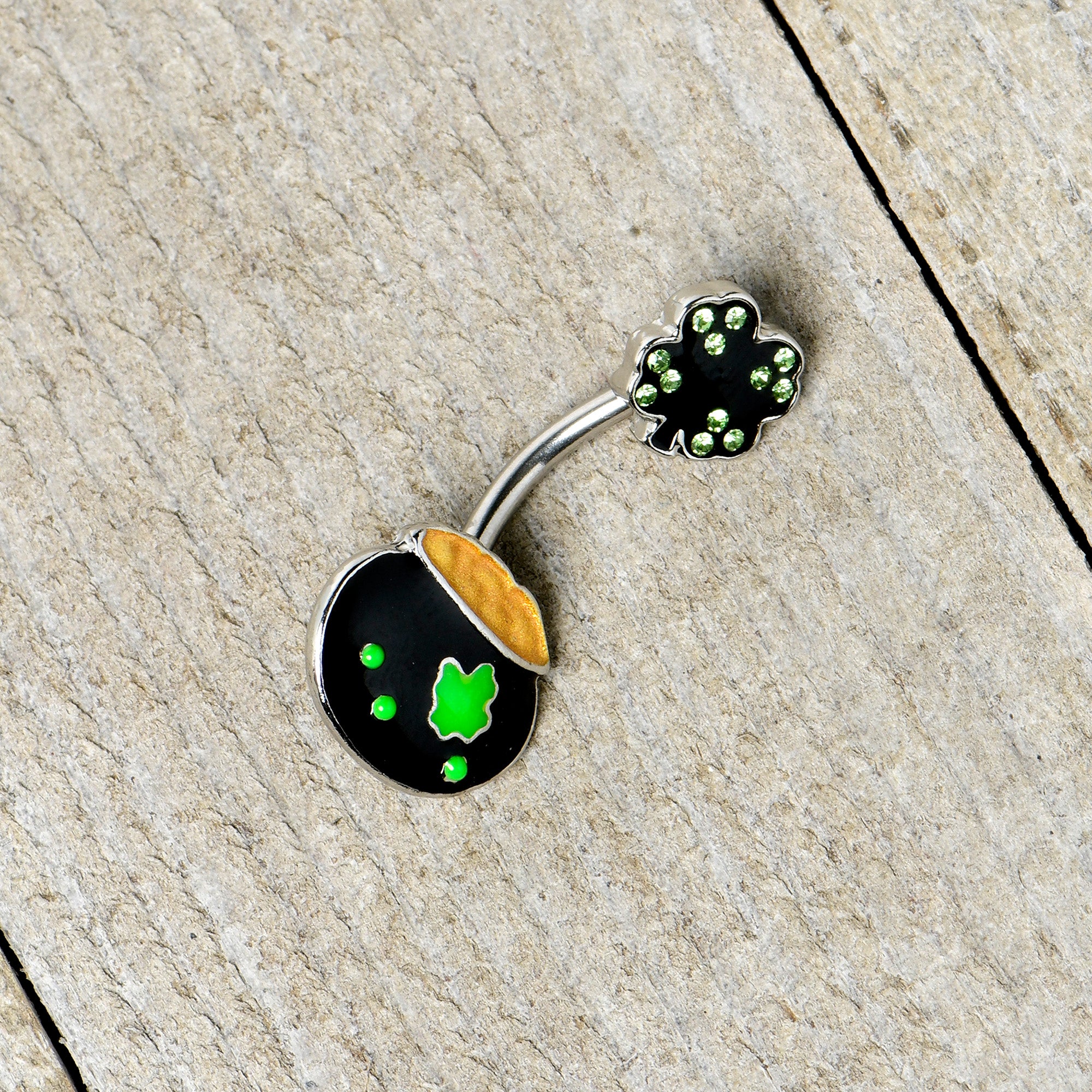 Green Gem Shamrock Pot Of Gold Black Double Mount Belly Ring