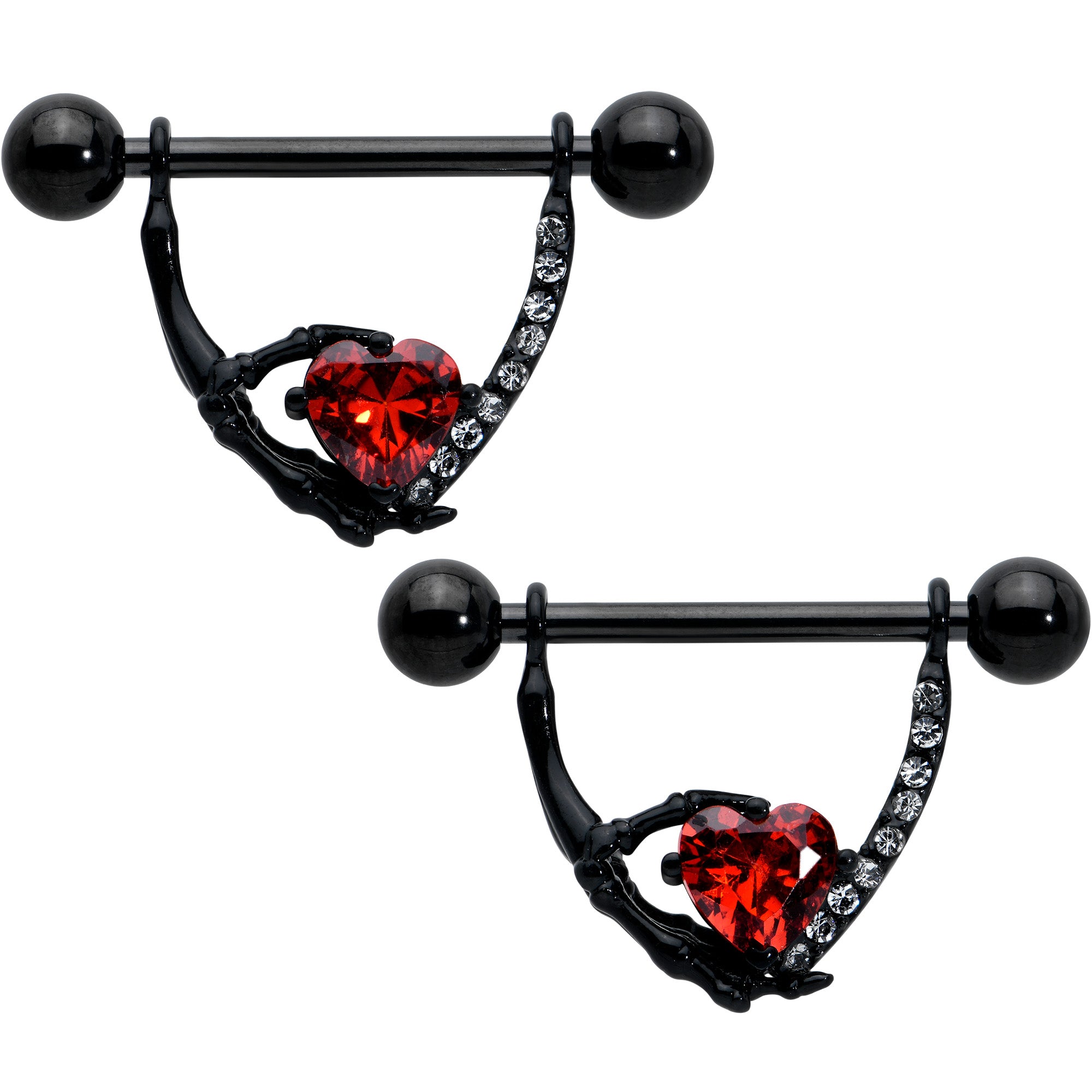 14 Gauge 11/16 Red Clear CZ Gem Heart Claw Hand Dangle Nipple Ring Set