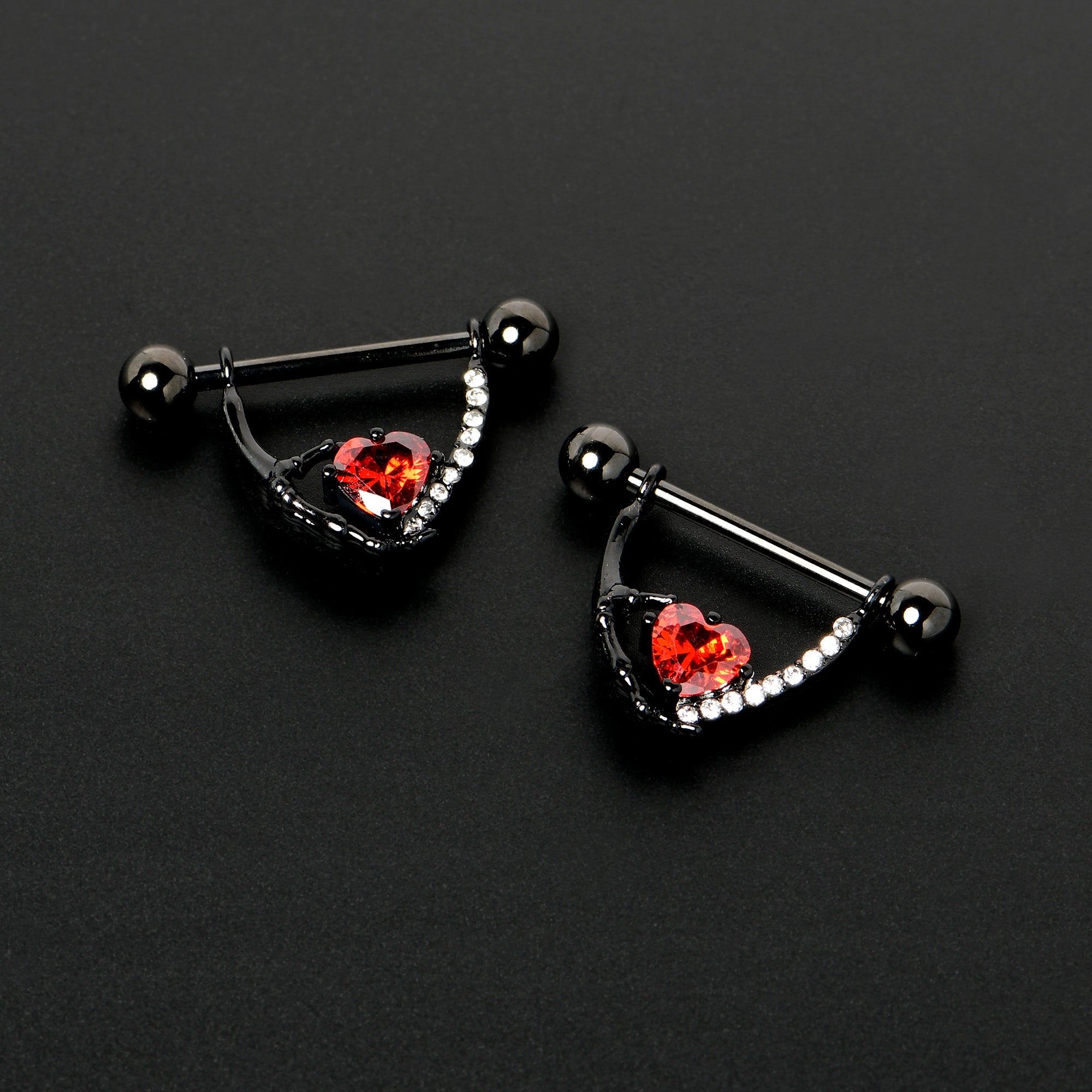 14 Gauge 11/16 Red Clear CZ Gem Heart Claw Hand Dangle Nipple Ring Set