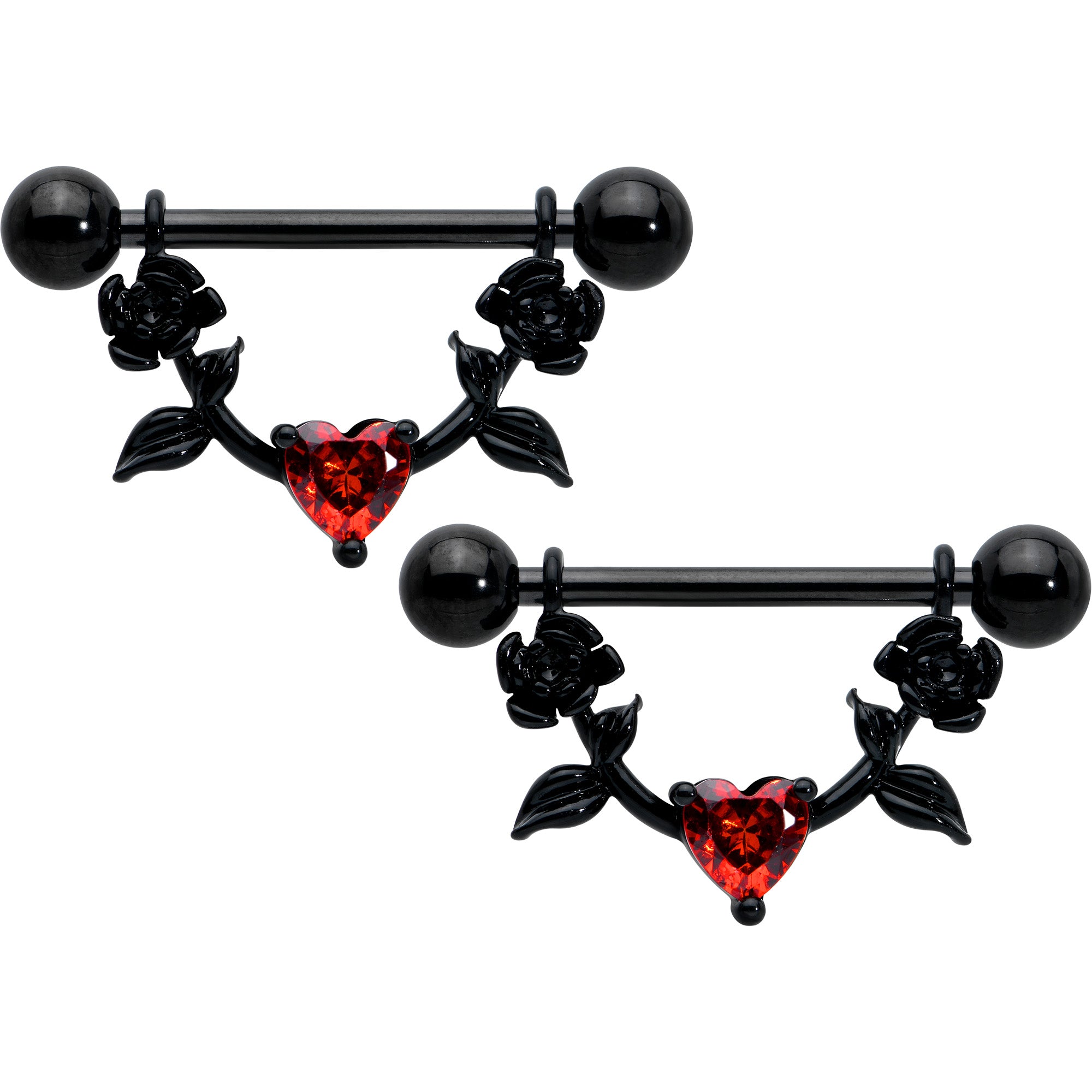 14 Gauge 11/16 Red CZ Gem Black Heart Flower Dangle Nipple Ring Set