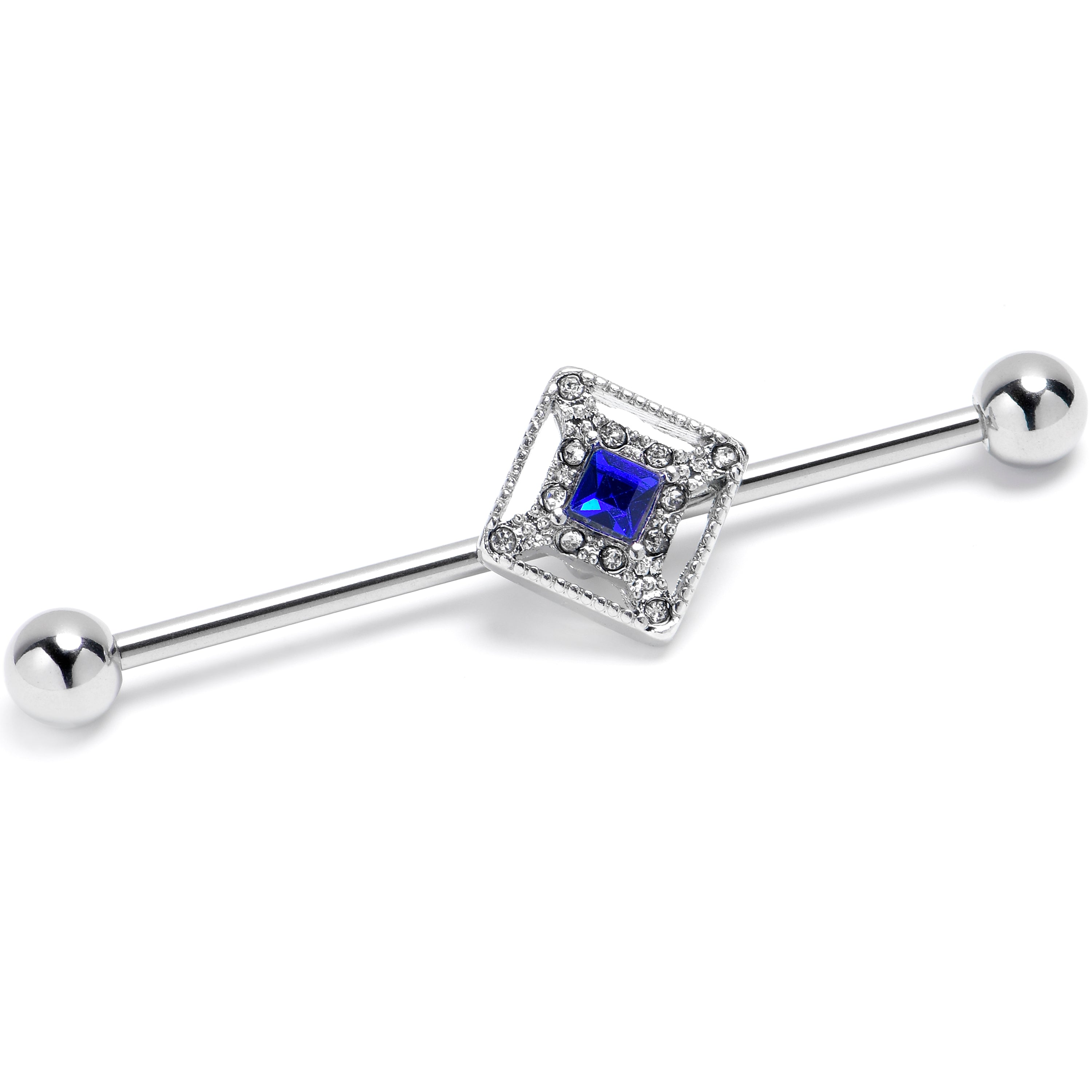 14 Gauge Clear Blue Gem Rhombus Royale Industrial Barbell 38mm