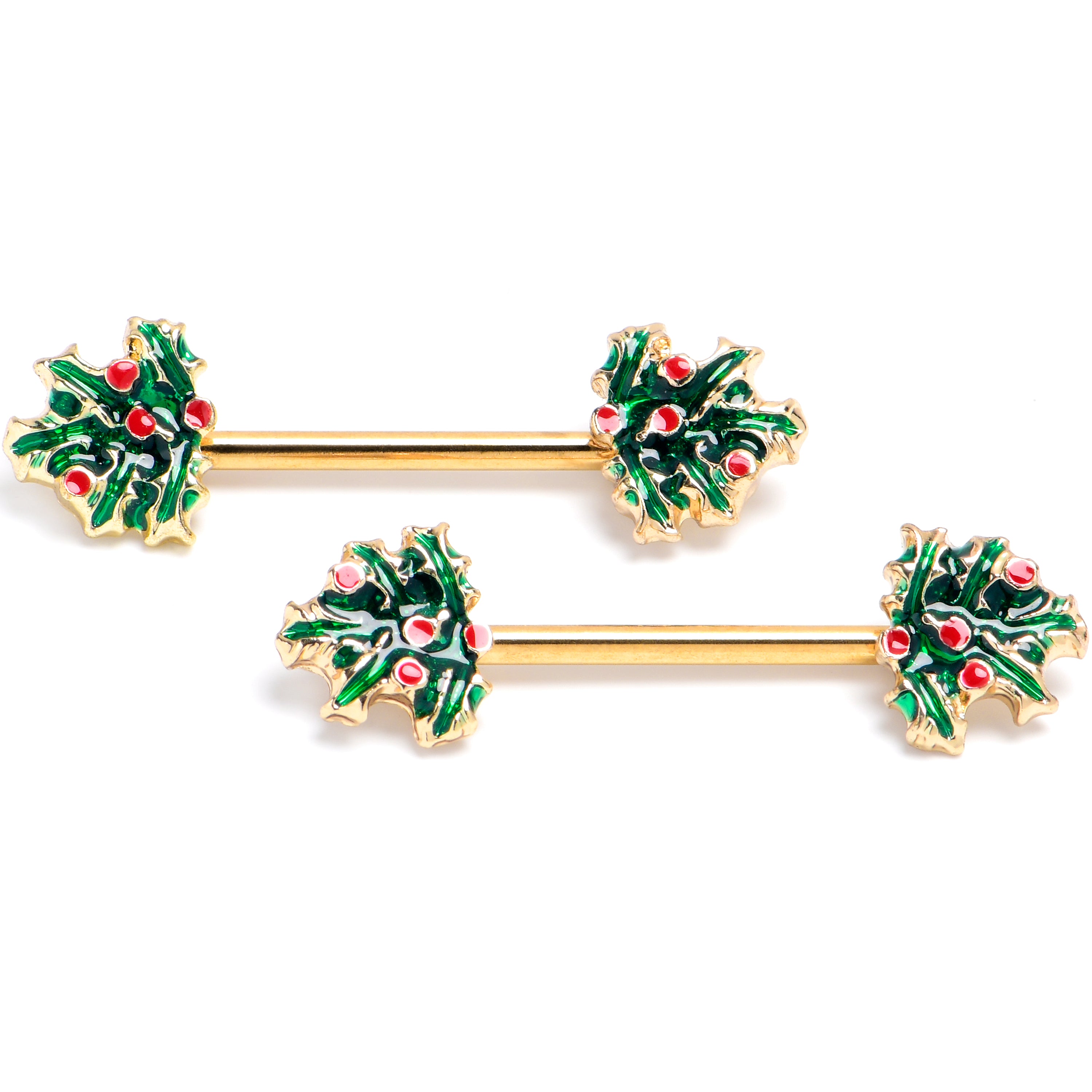 14 Gauge 9/16 Gold Tone Festive Holly Sprig Barbell Nipple Ring Set