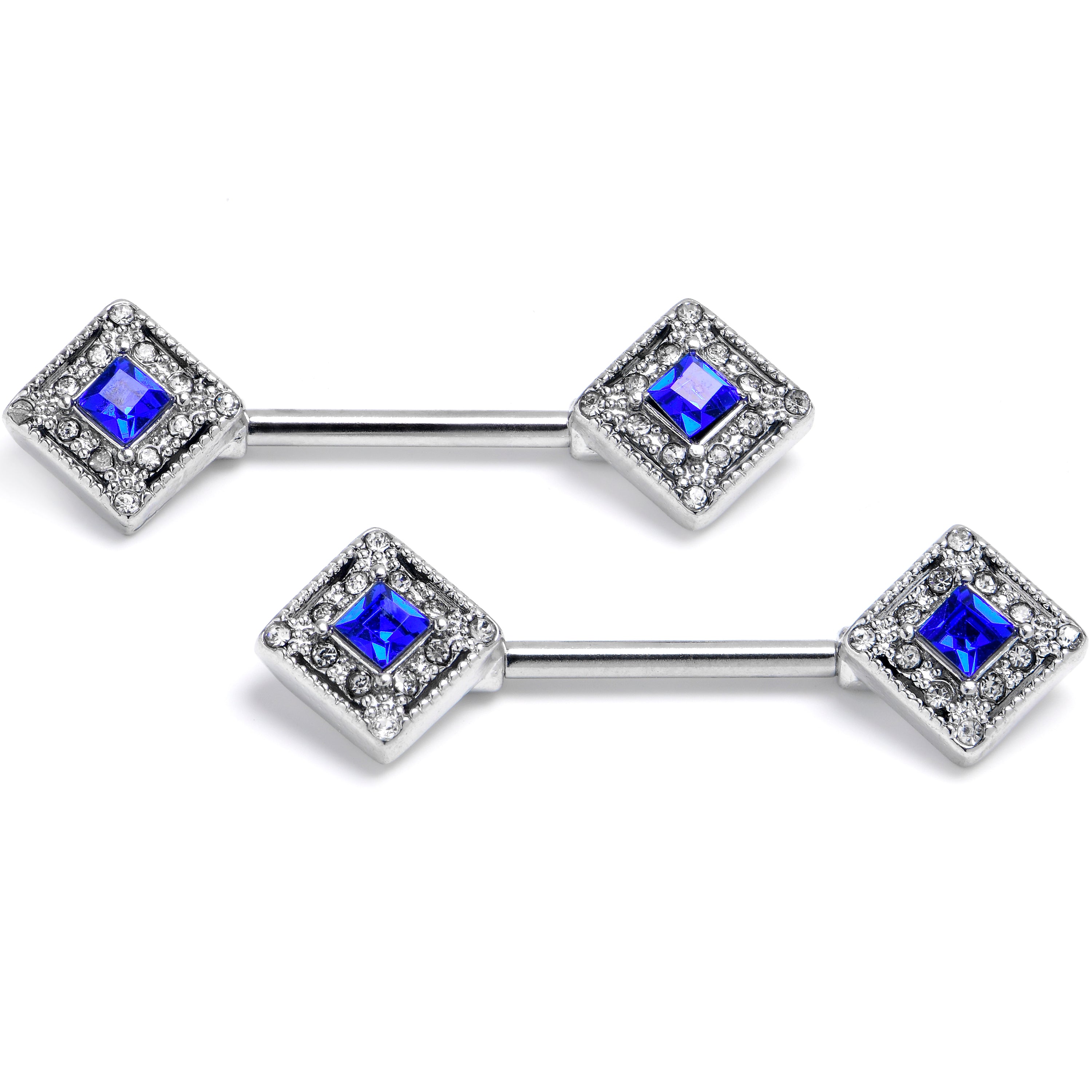 4 Gauge 9/16 Clear Blue Gem Rhombus Royale Barbell Nipple Ring Set