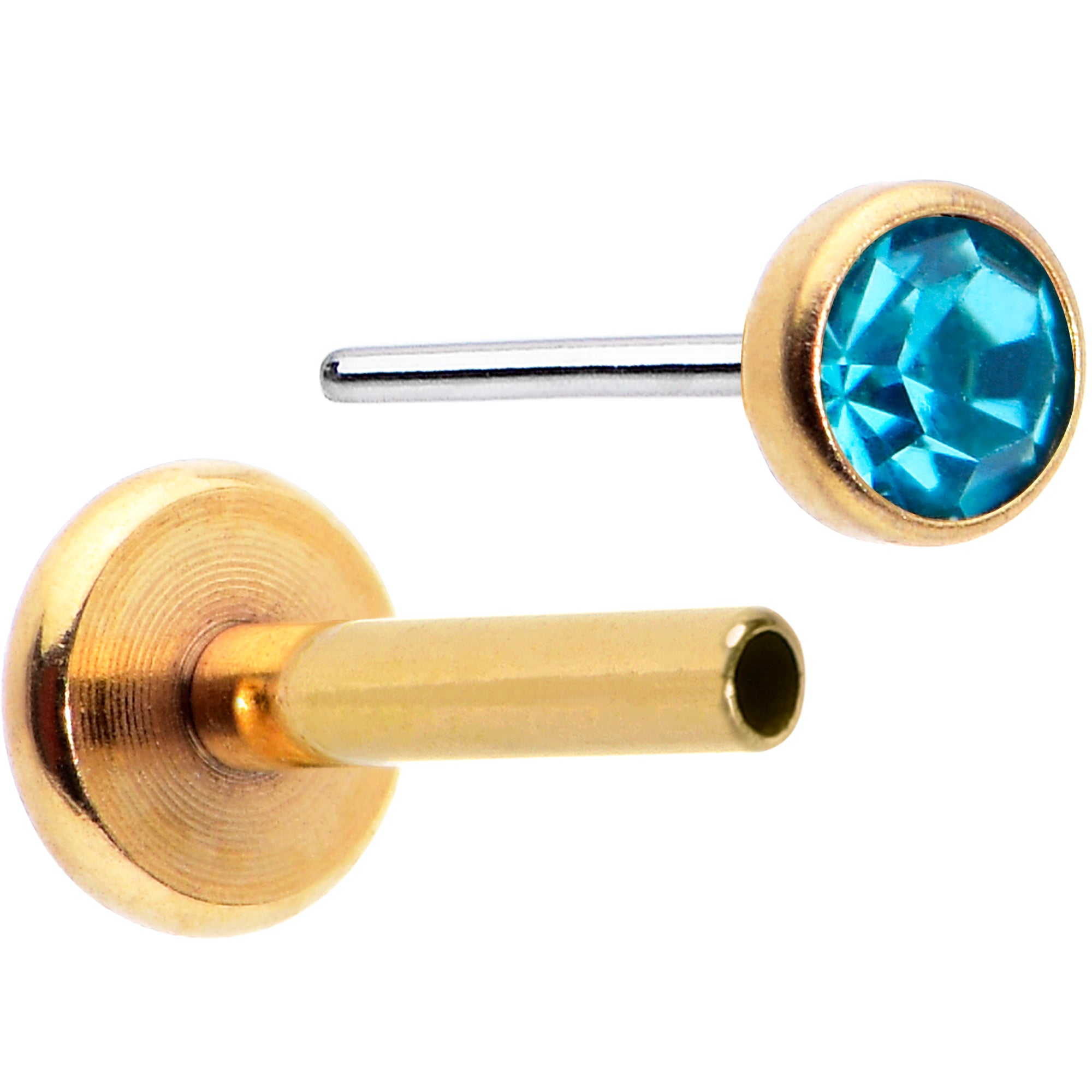 16 Gauge 5/16 Blue Gem Gold Tone Threadless Labret Monroe Tragus