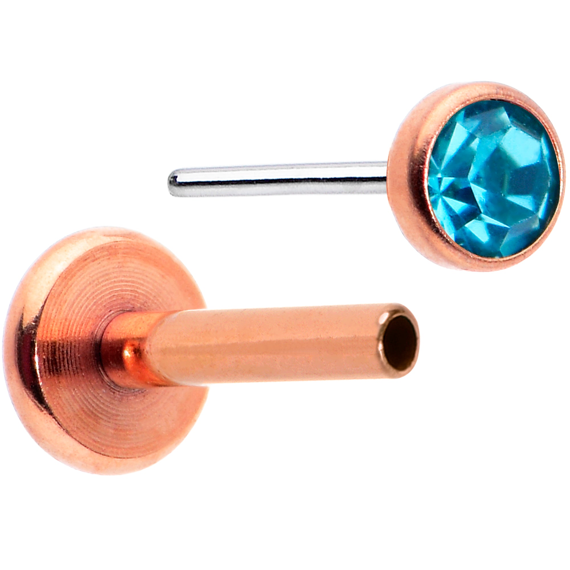 16 Gauge 5/16 Blue Gem Rose Gold Tone Threadless Labret Monroe Tragus