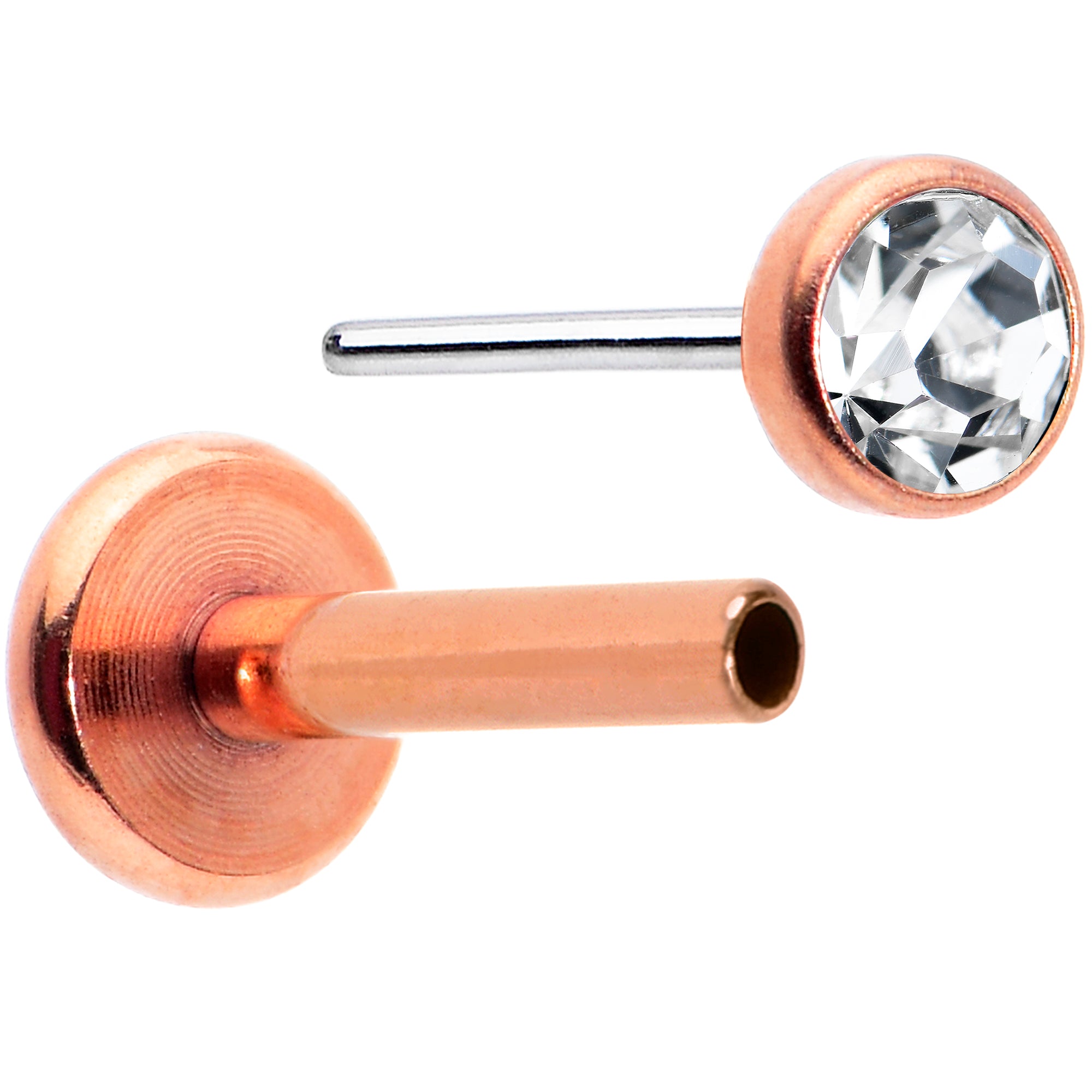 16 Gauge 5/16 Clear Gem Rose Gold Tone Threadless Labret Monroe Tragus