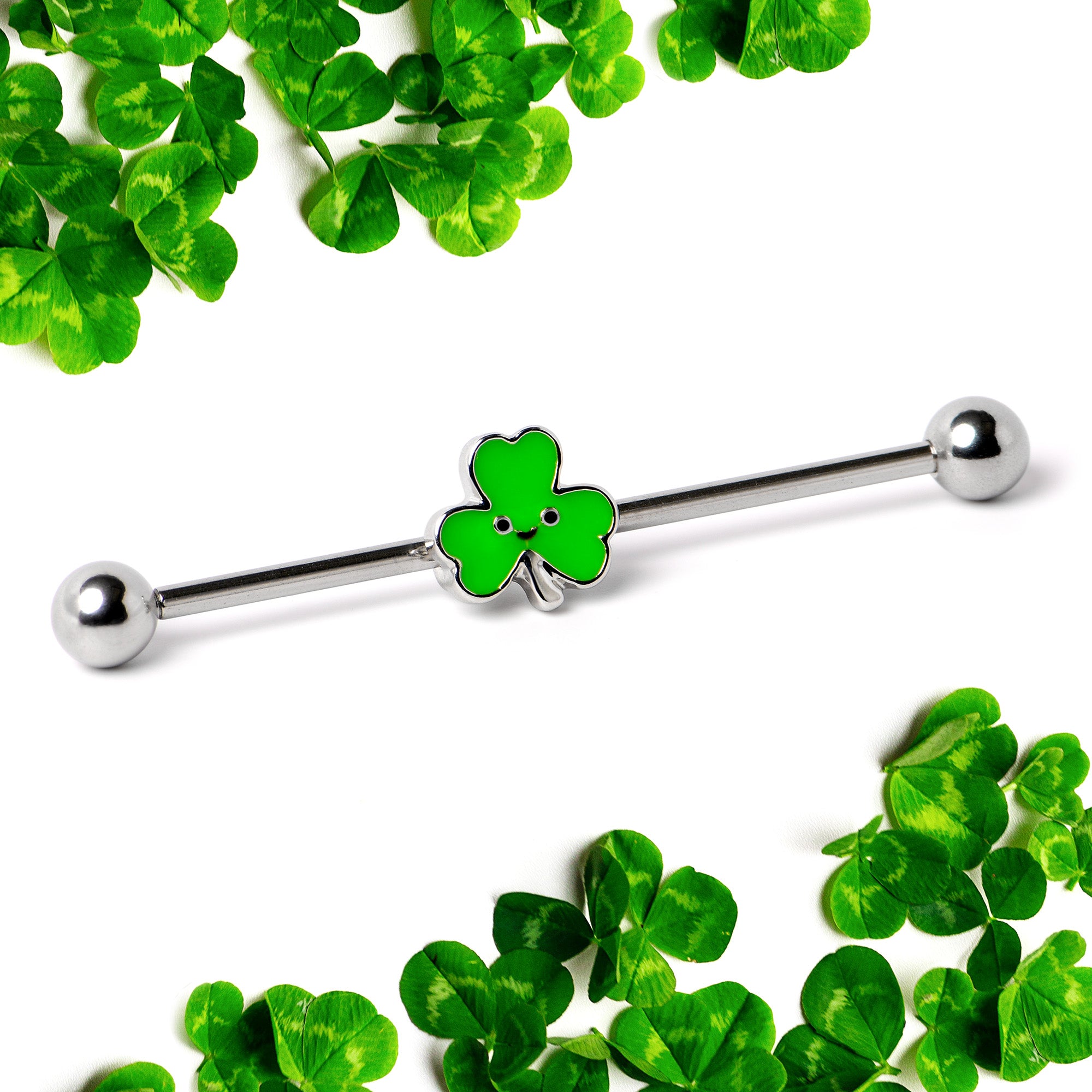 14 Gauge Sweet Happy Shamrock St Patricks Industrial Barbell 38mm