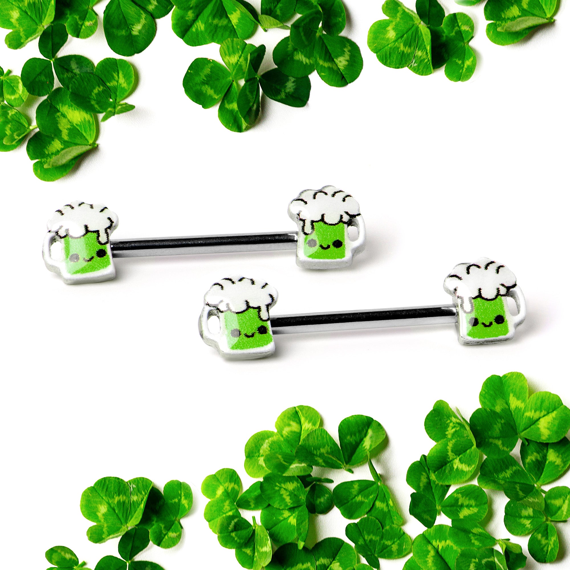 14 Gauge 9/16 Sweet Happy Green Beer St Patricks Day Nipple Ring Set