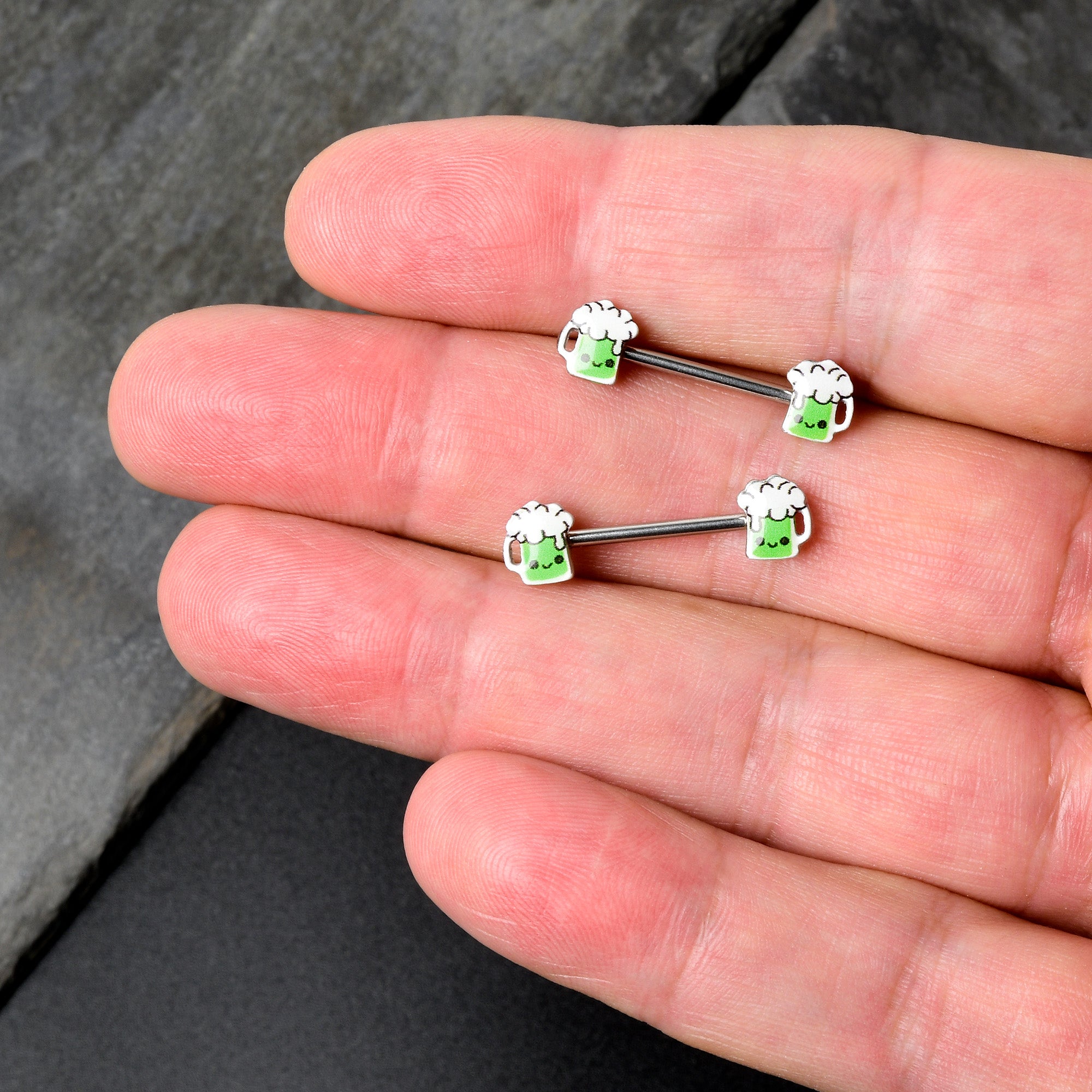 14 Gauge 9/16 Sweet Happy Green Beer St Patricks Day Nipple Ring Set