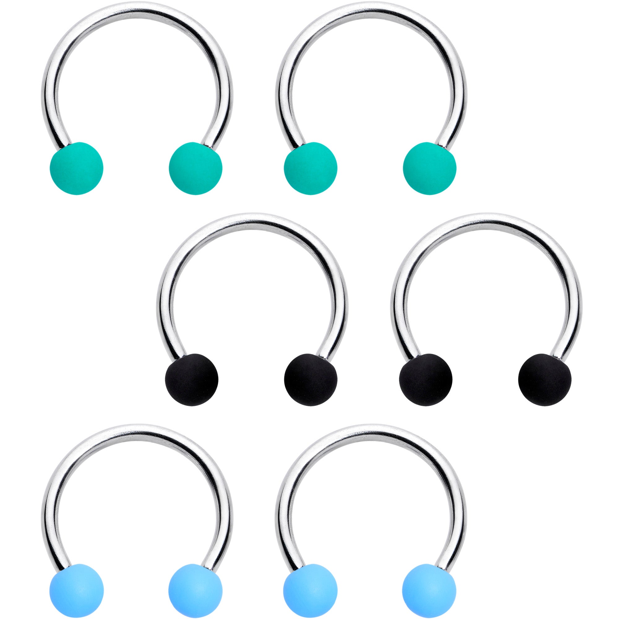 16 Gauge 3/8 Matte Black Blue Teal Horseshoe Circular Barbell Set of 6