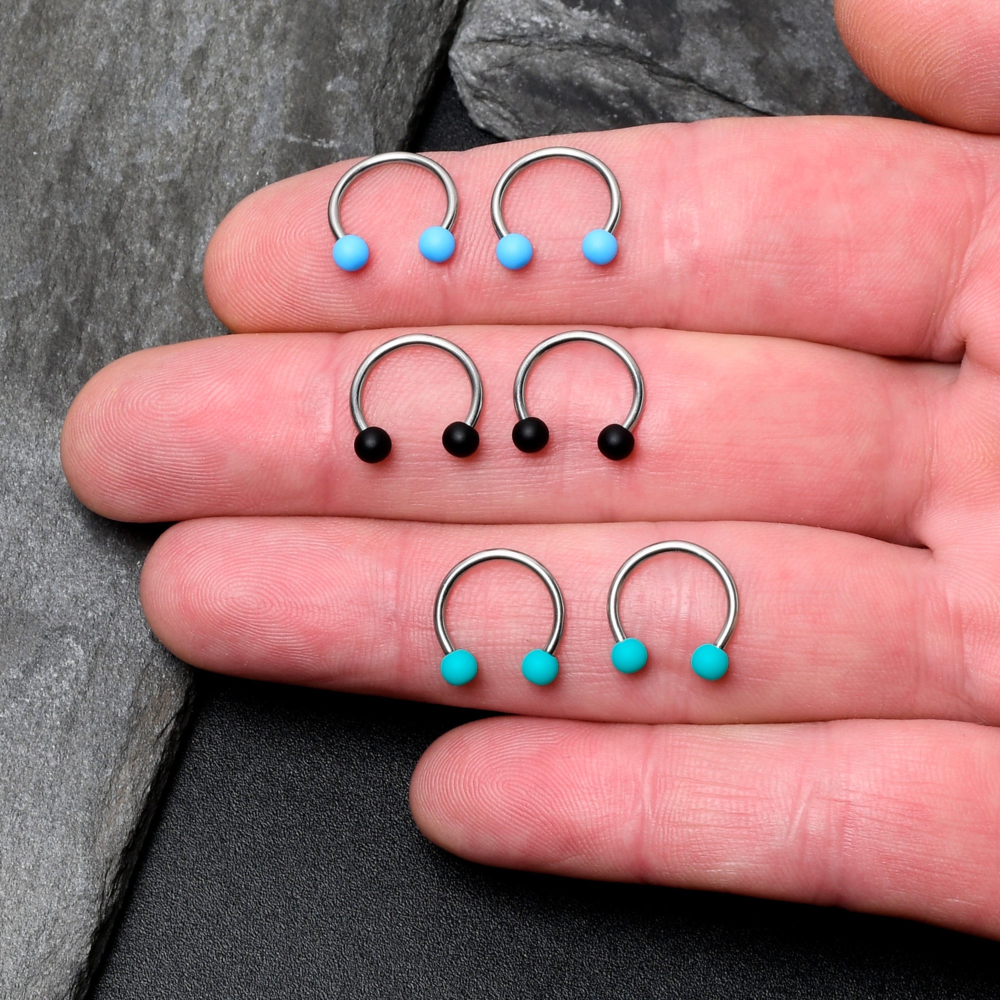 16 Gauge 3/8 Matte Black Blue Teal Horseshoe Circular Barbell Set of 6