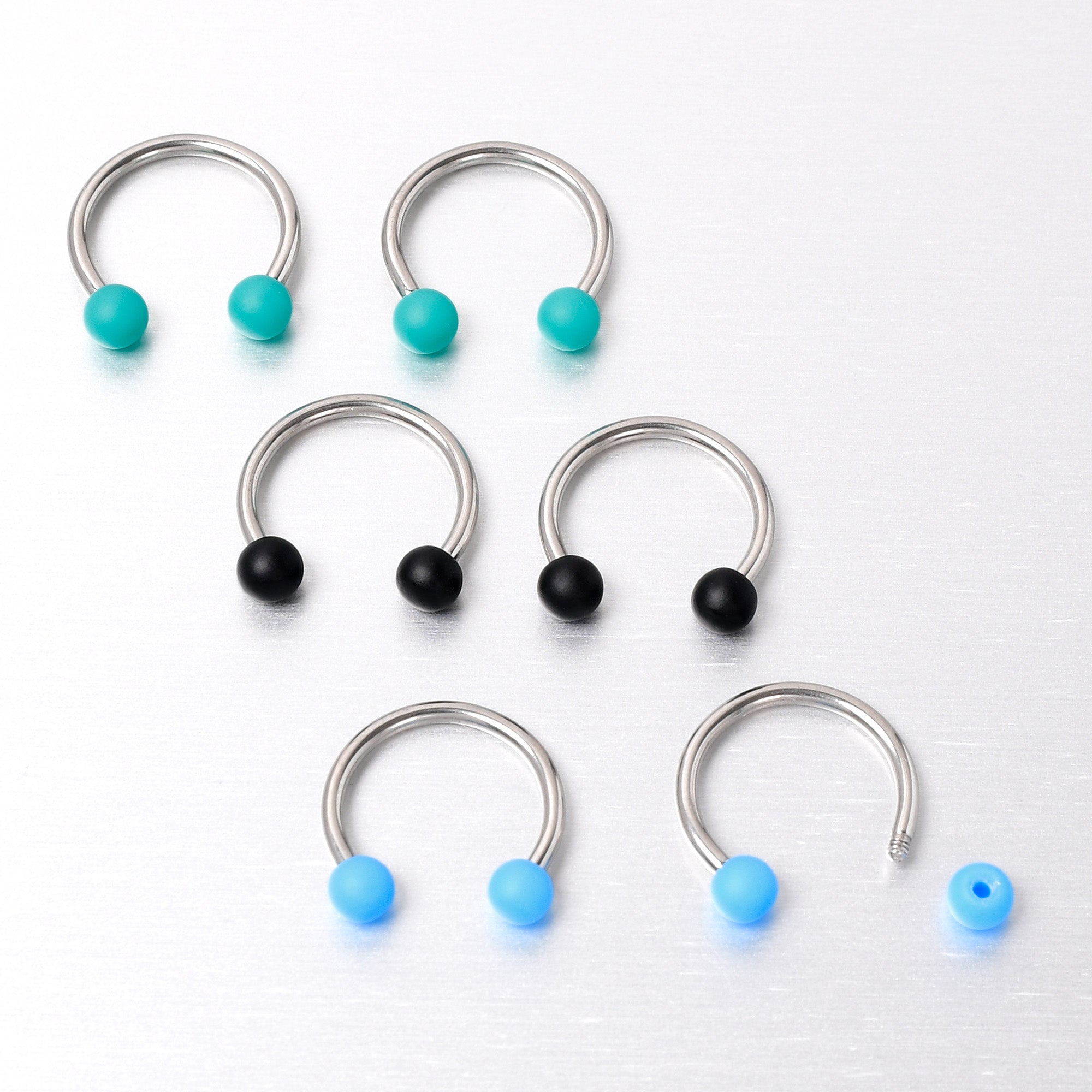 16 Gauge 3/8 Matte Black Blue Teal Horseshoe Circular Barbell Set of 6