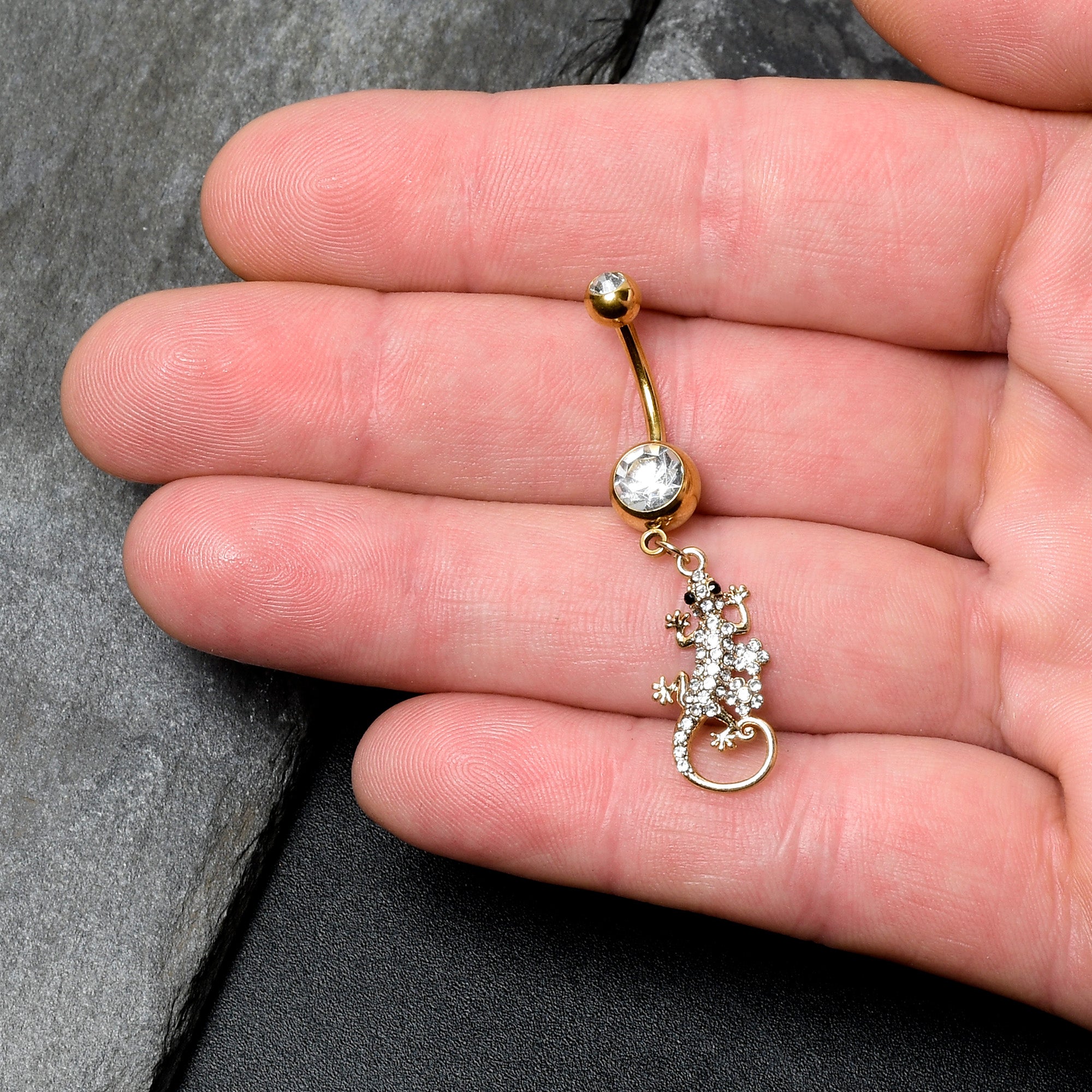 Clear Gem Gold Tone Luscious Lizard Dangle Belly Ring