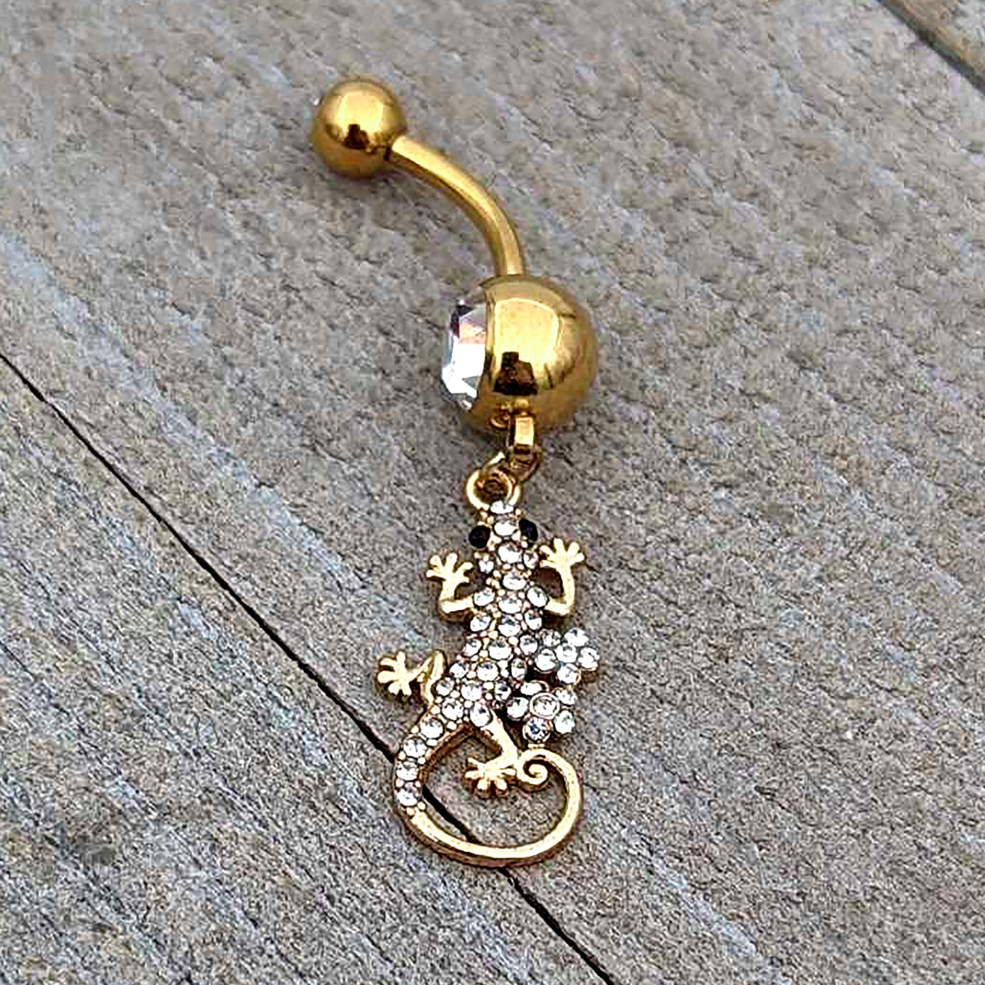 Clear Gem Gold Tone Luscious Lizard Dangle Belly Ring