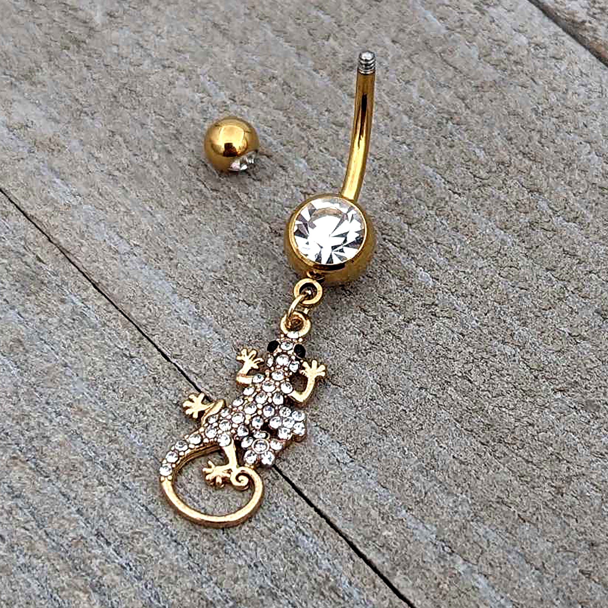 Clear Gem Gold Tone Luscious Lizard Dangle Belly Ring