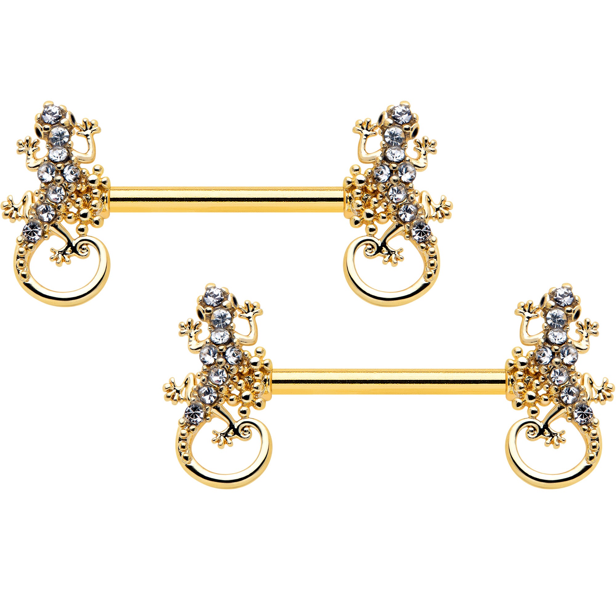 14 Gauge 9/16 Clear Gem Gold Hue Luscious Lizard Barbell Nipple Ring Set