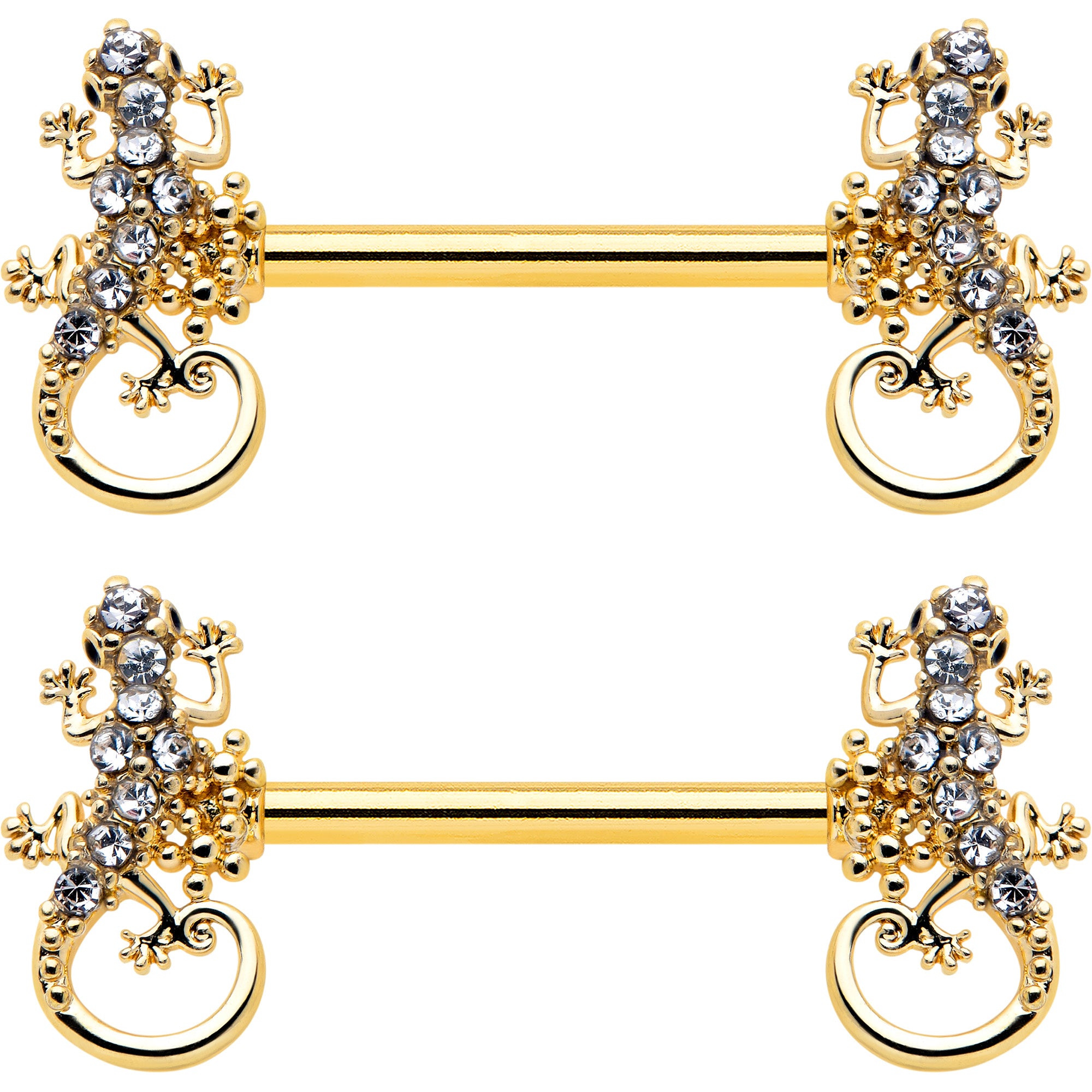 14 Gauge 9/16 Clear Gem Gold Hue Luscious Lizard Barbell Nipple Ring Set