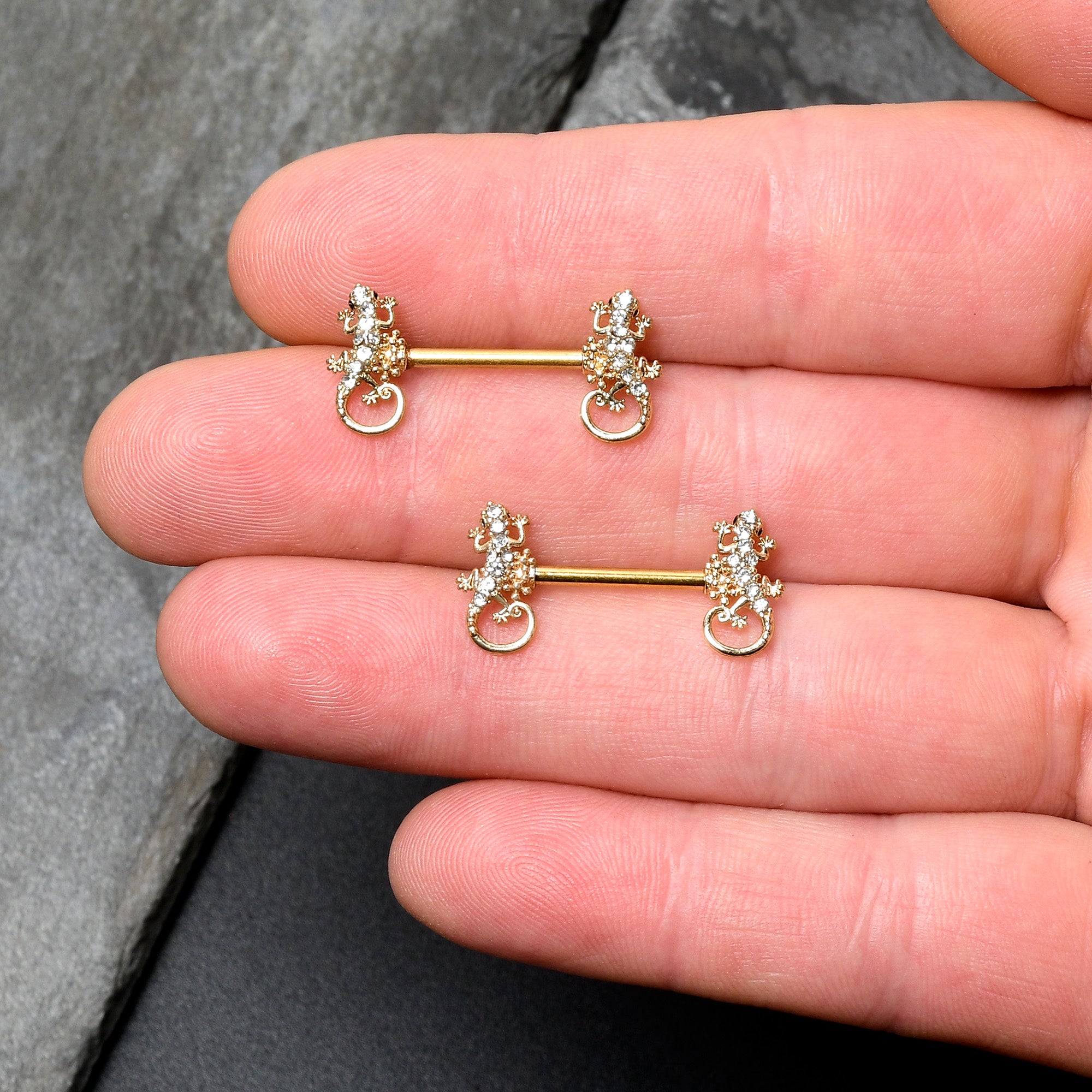 14 Gauge 9/16 Clear Gem Gold Hue Luscious Lizard Barbell Nipple Ring Set