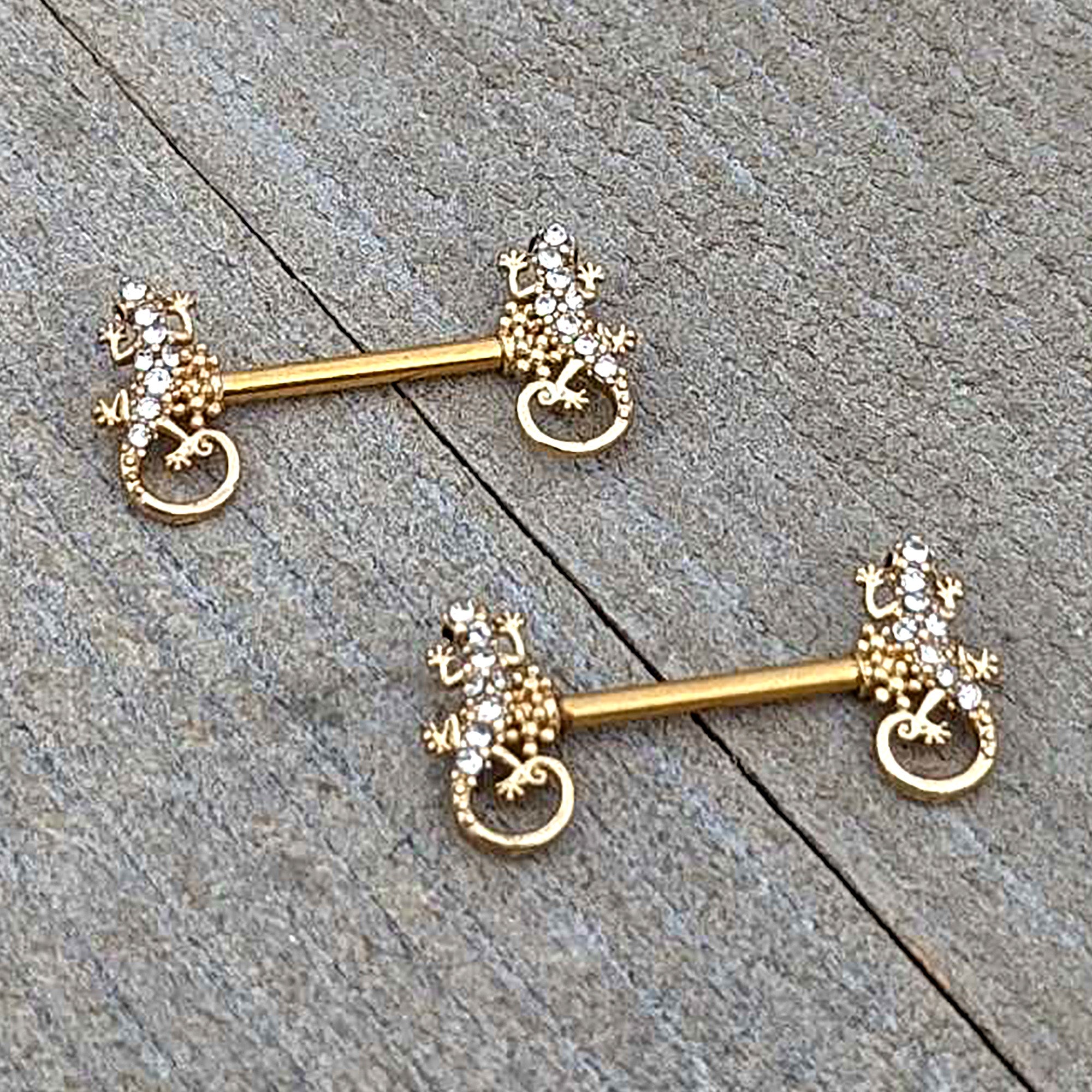 14 Gauge 9/16 Clear Gem Gold Hue Luscious Lizard Barbell Nipple Ring Set