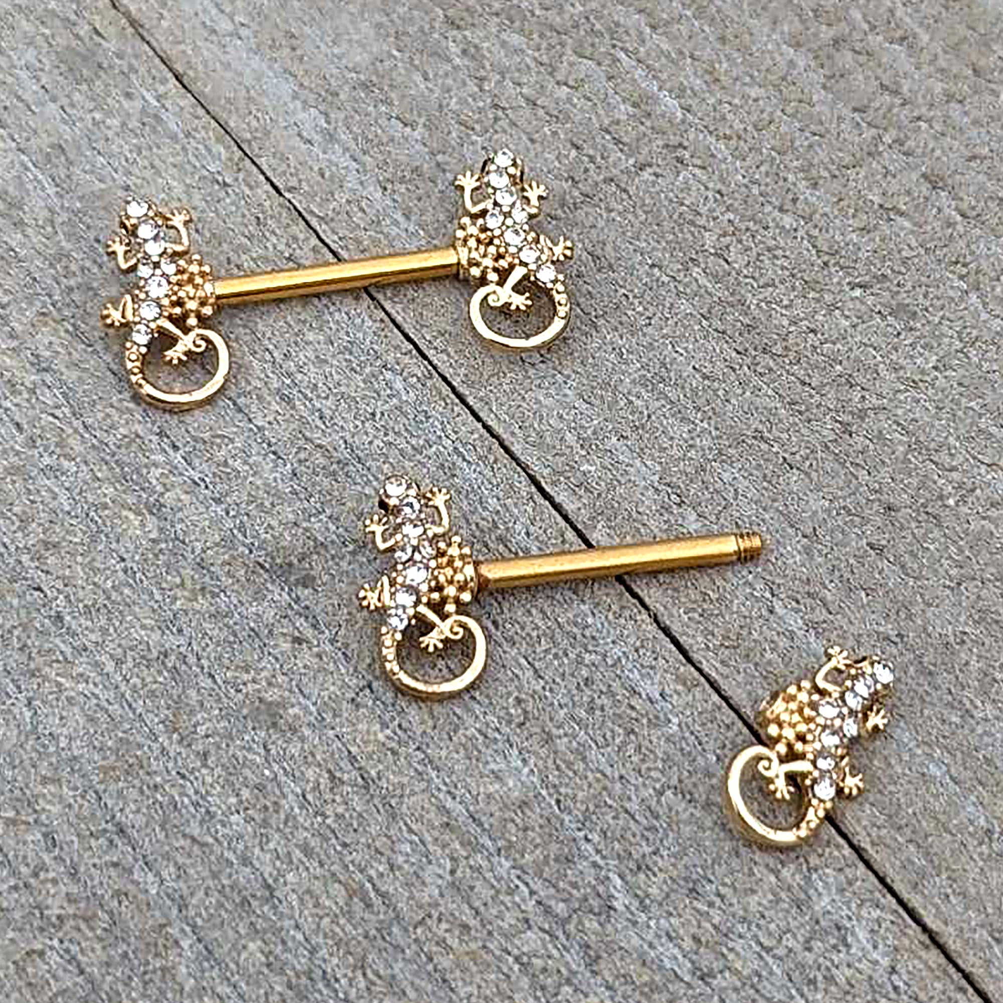 14 Gauge 9/16 Clear Gem Gold Hue Luscious Lizard Barbell Nipple Ring Set