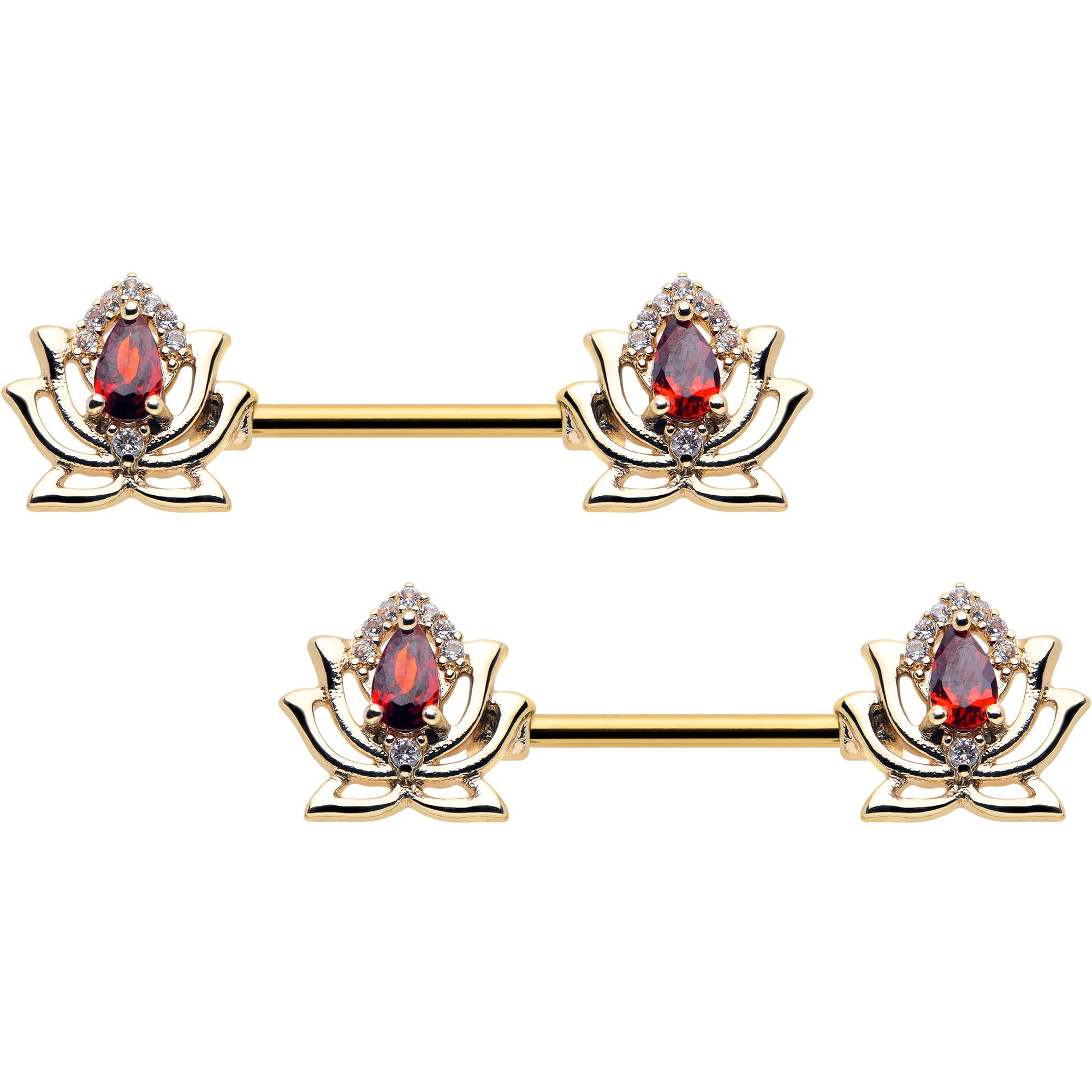 14 Gauge 9/16 Red Gem Gold Tone Royal Lotus Barbell Nipple Ring Set