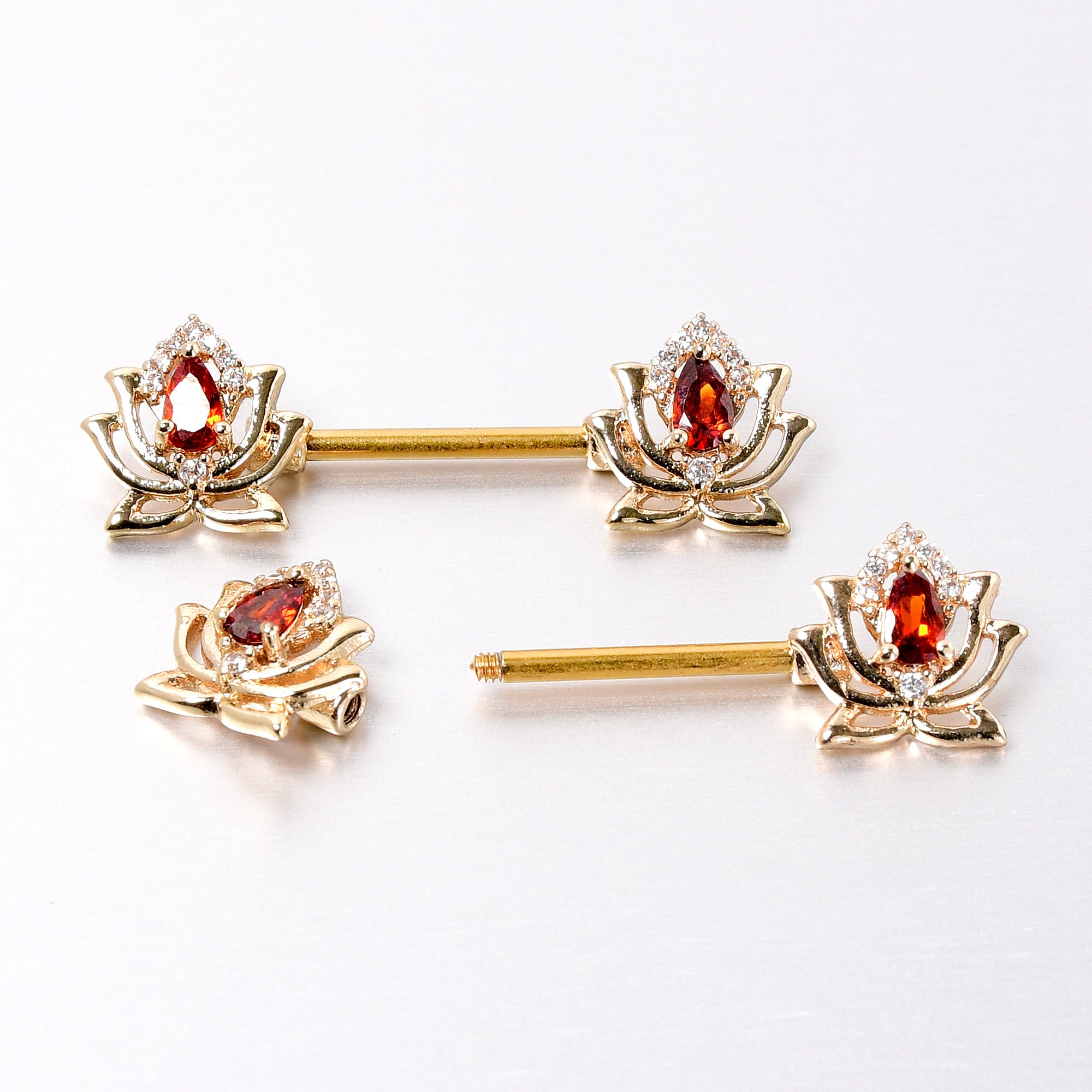 14 Gauge 9/16 Red Gem Gold Tone Royal Lotus Barbell Nipple Ring Set