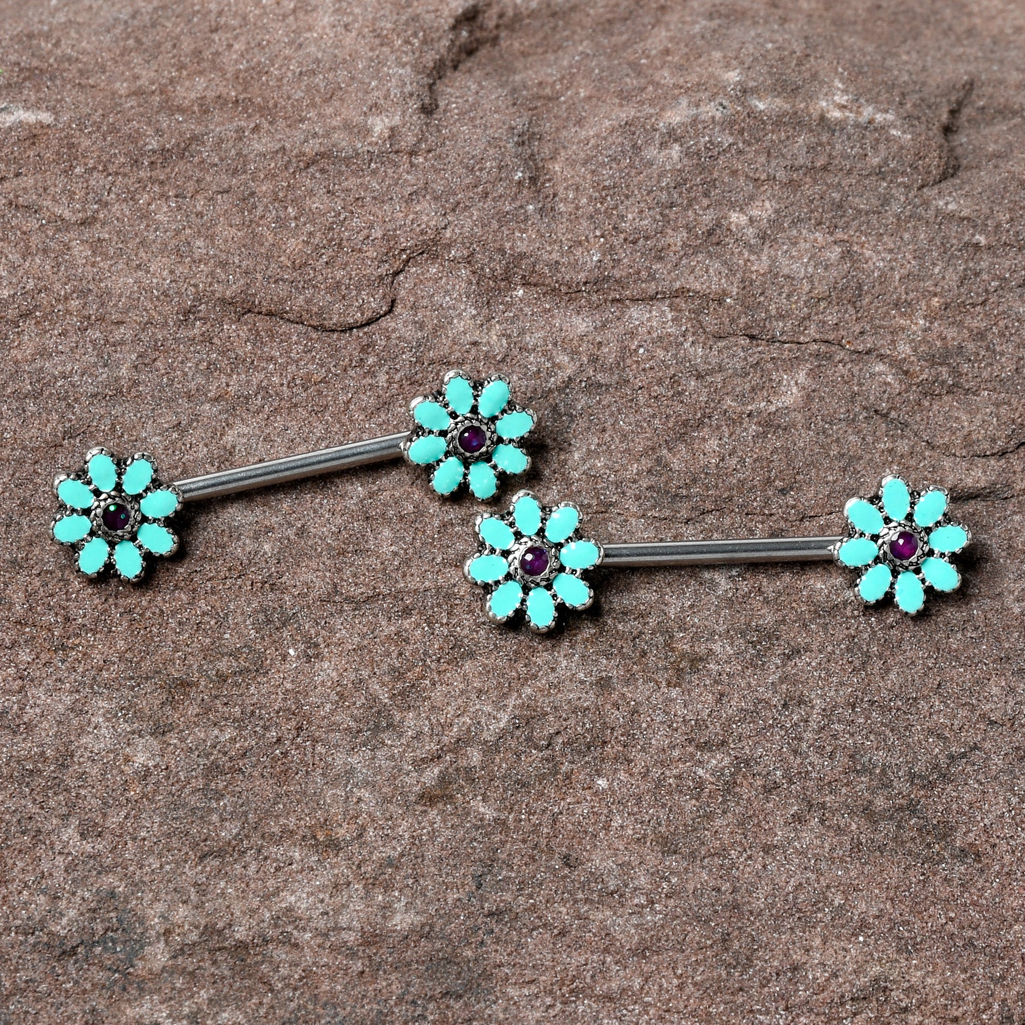 14 Gauge 9/16 Blue Faux Opal Flower Teal Petals Barbell Nipple Ring Set