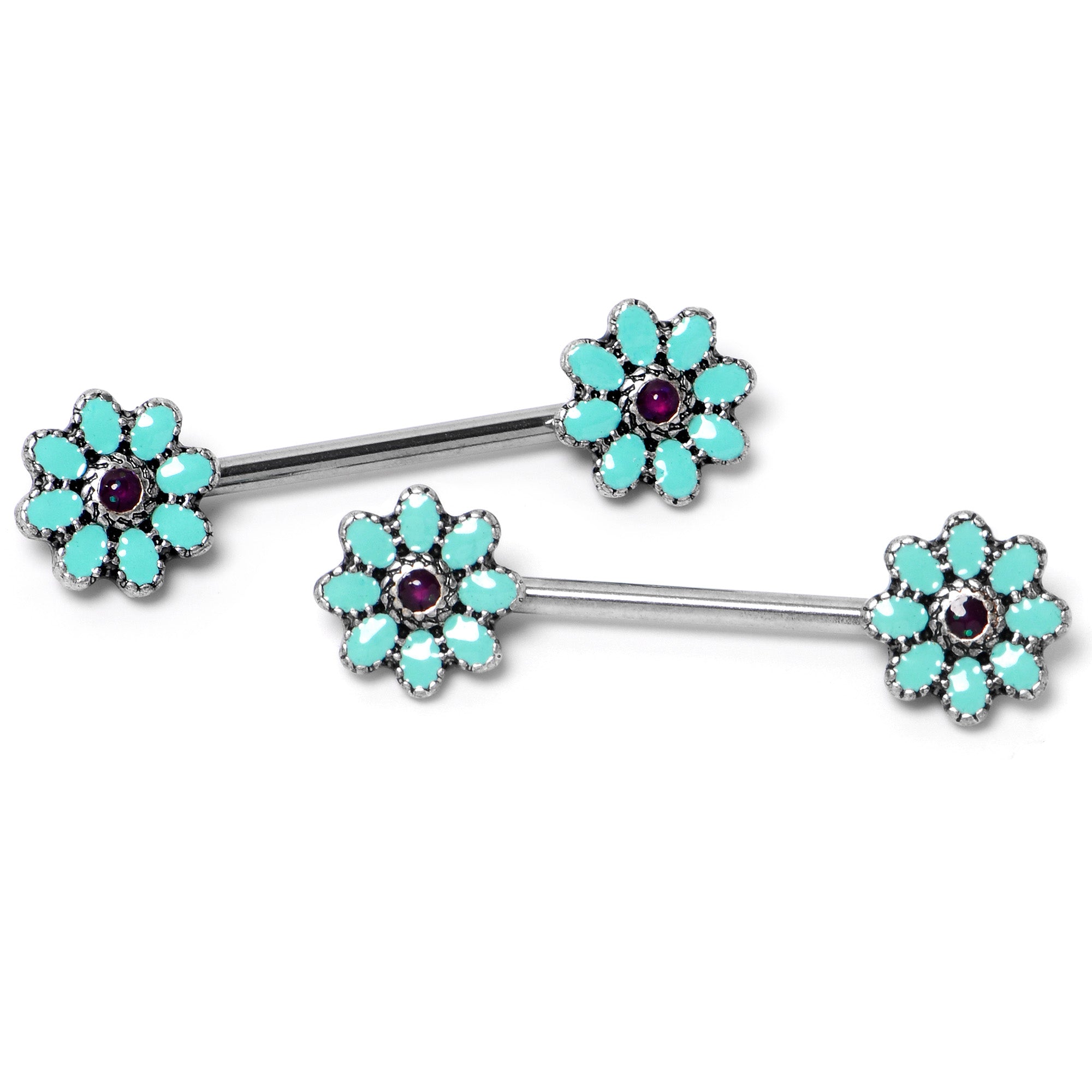 14 Gauge 9/16 Blue Faux Opal Flower Teal Petals Barbell Nipple Ring Set