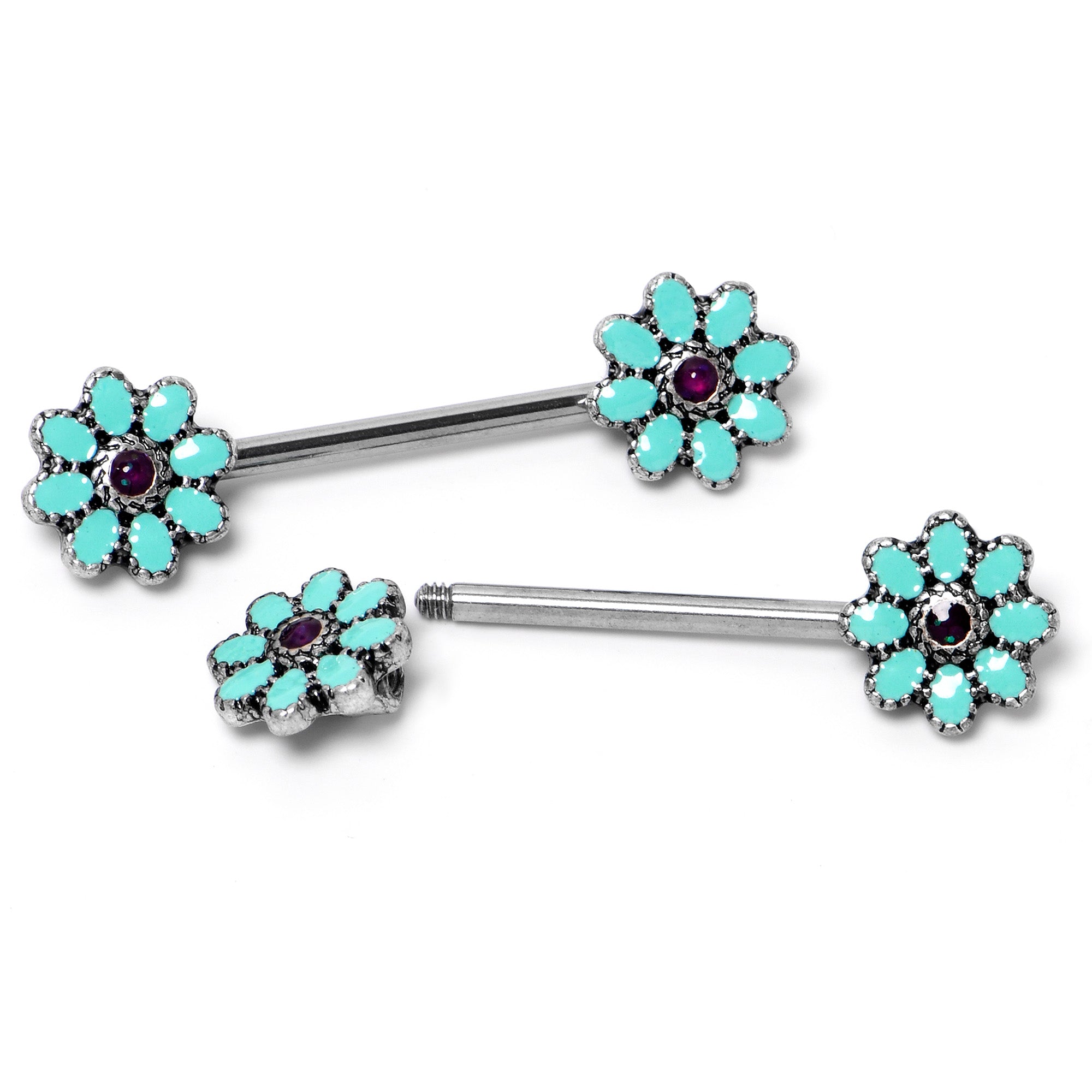 14 Gauge 9/16 Blue Faux Opal Flower Teal Petals Barbell Nipple Ring Set