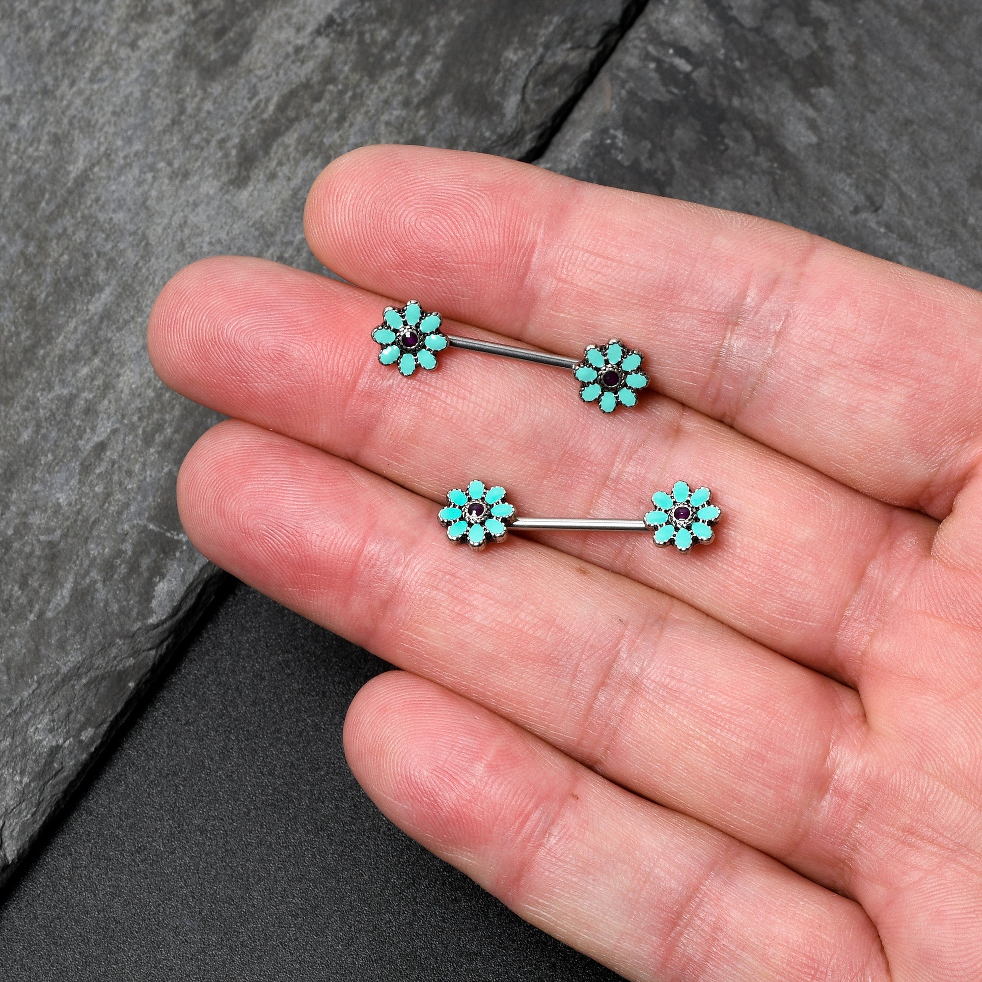 14 Gauge 9/16 Blue Faux Opal Flower Teal Petals Barbell Nipple Ring Set