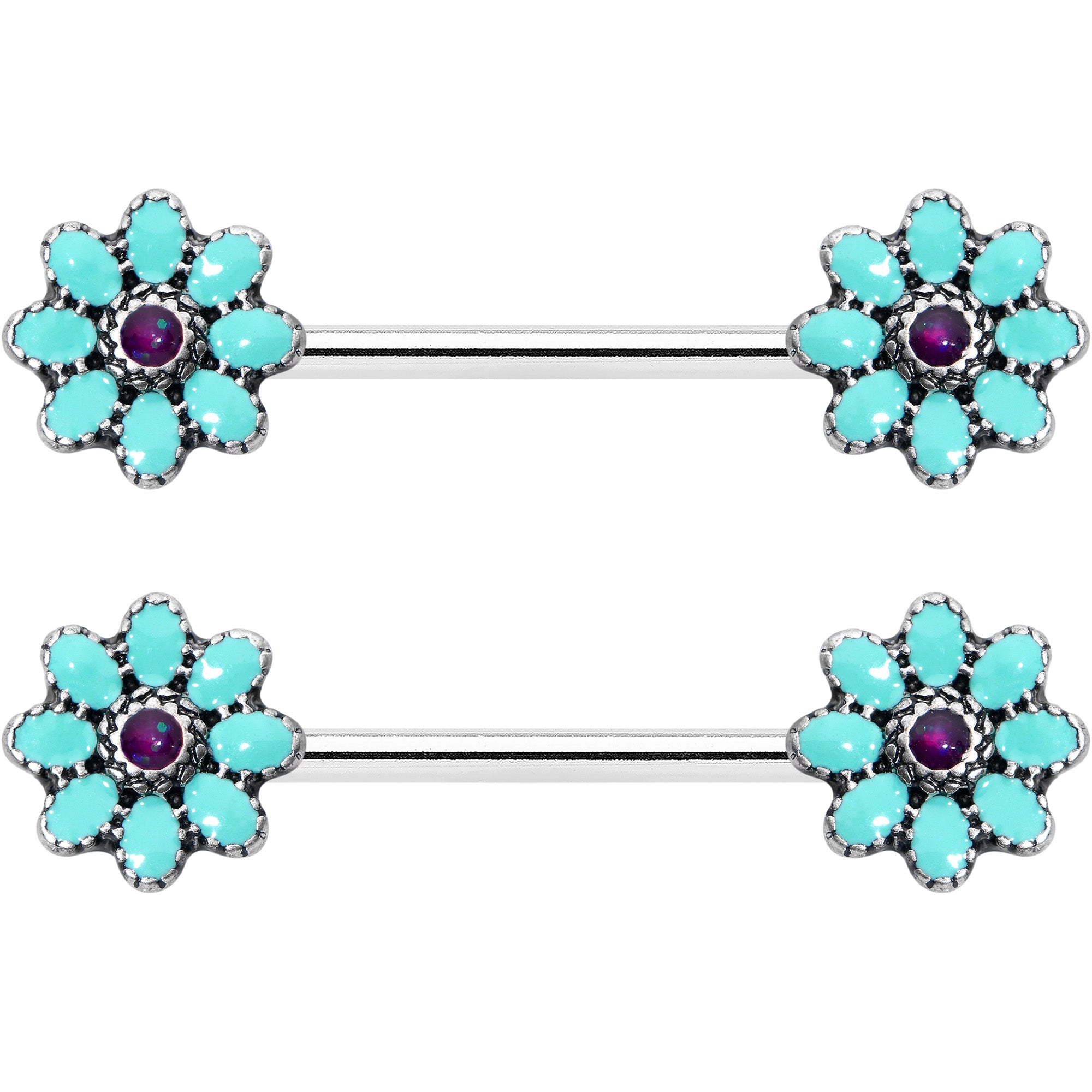 14 Gauge 9/16 Blue Faux Opal Flower Teal Petals Barbell Nipple Ring Set