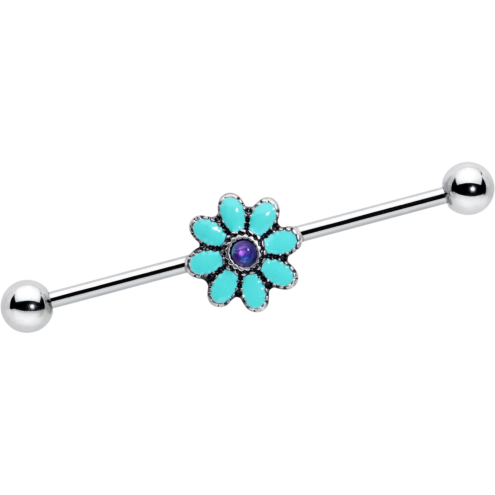 14 Gauge Blue Faux Opal Flower Teal Petals Industrial Barbell 38mm